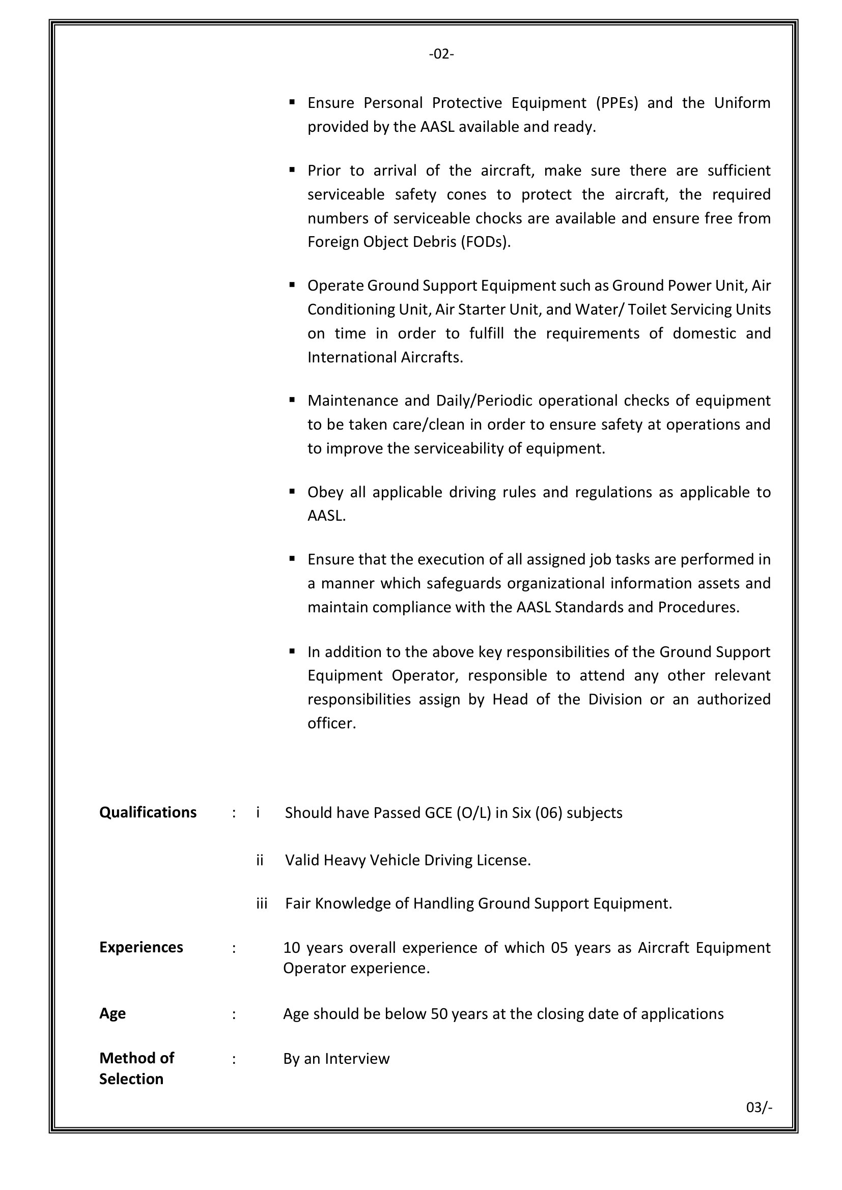 Technician (Ground Support Equipment), Ground Support Equipment Operator - Airport & Aviation Services (Sri Lanka) (Private) Limited