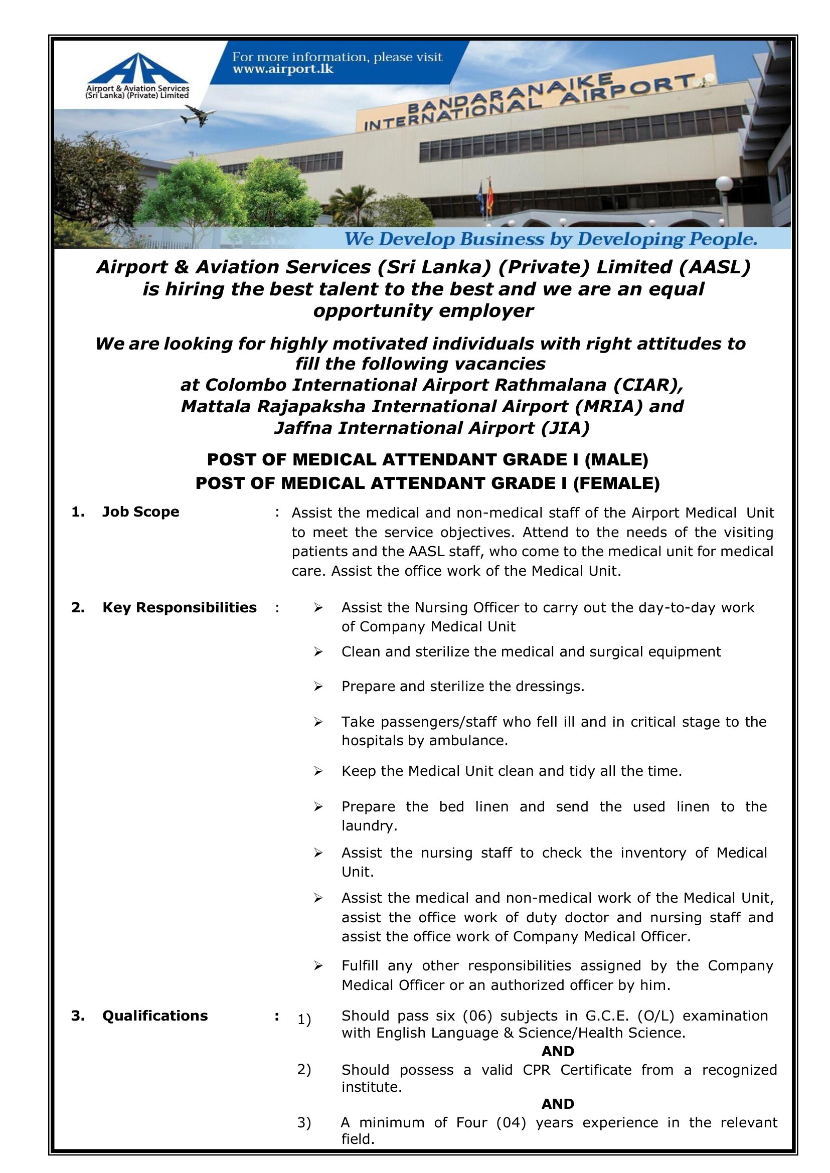 Medical Attendant (Male/Female) - Airport & Aviation Services (Sri Lanka) (Private) Limited