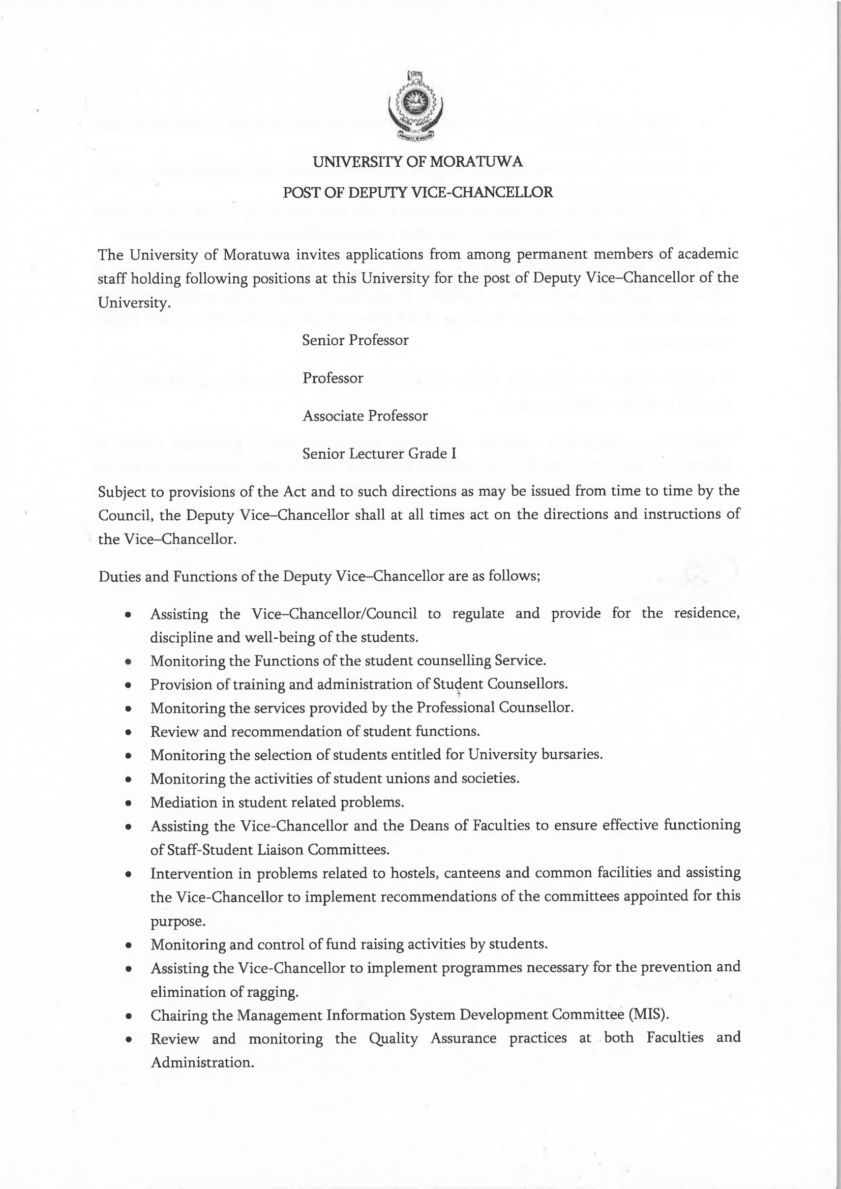Senior Professor, Professor, Associate Professor, Senior Lecturer - University of Moratuwa
