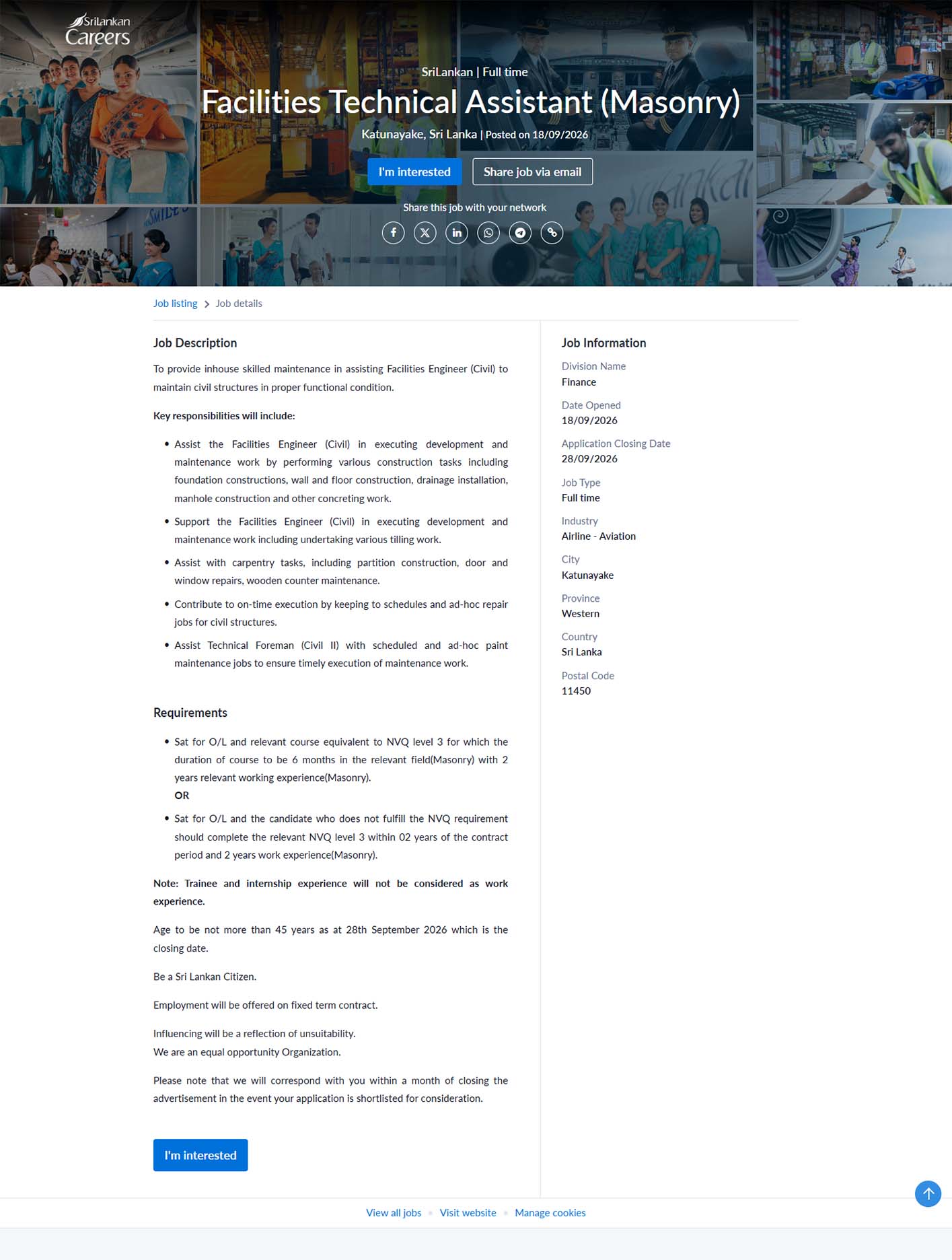 Facilities Technical Assistant (Masonry) - SriLankan Airlines Limited