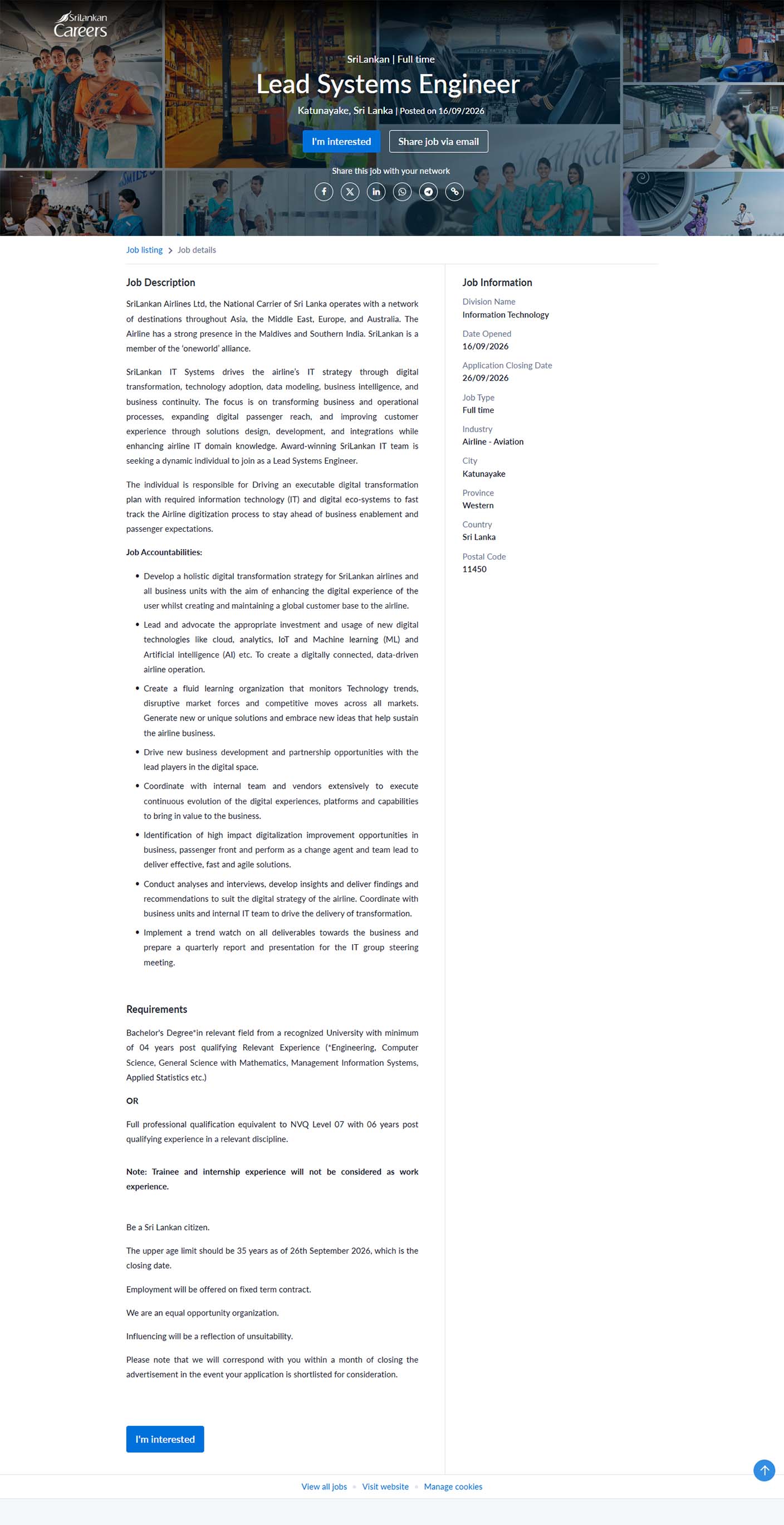 Lead Systems Engineer - SriLankan Airlines Limited