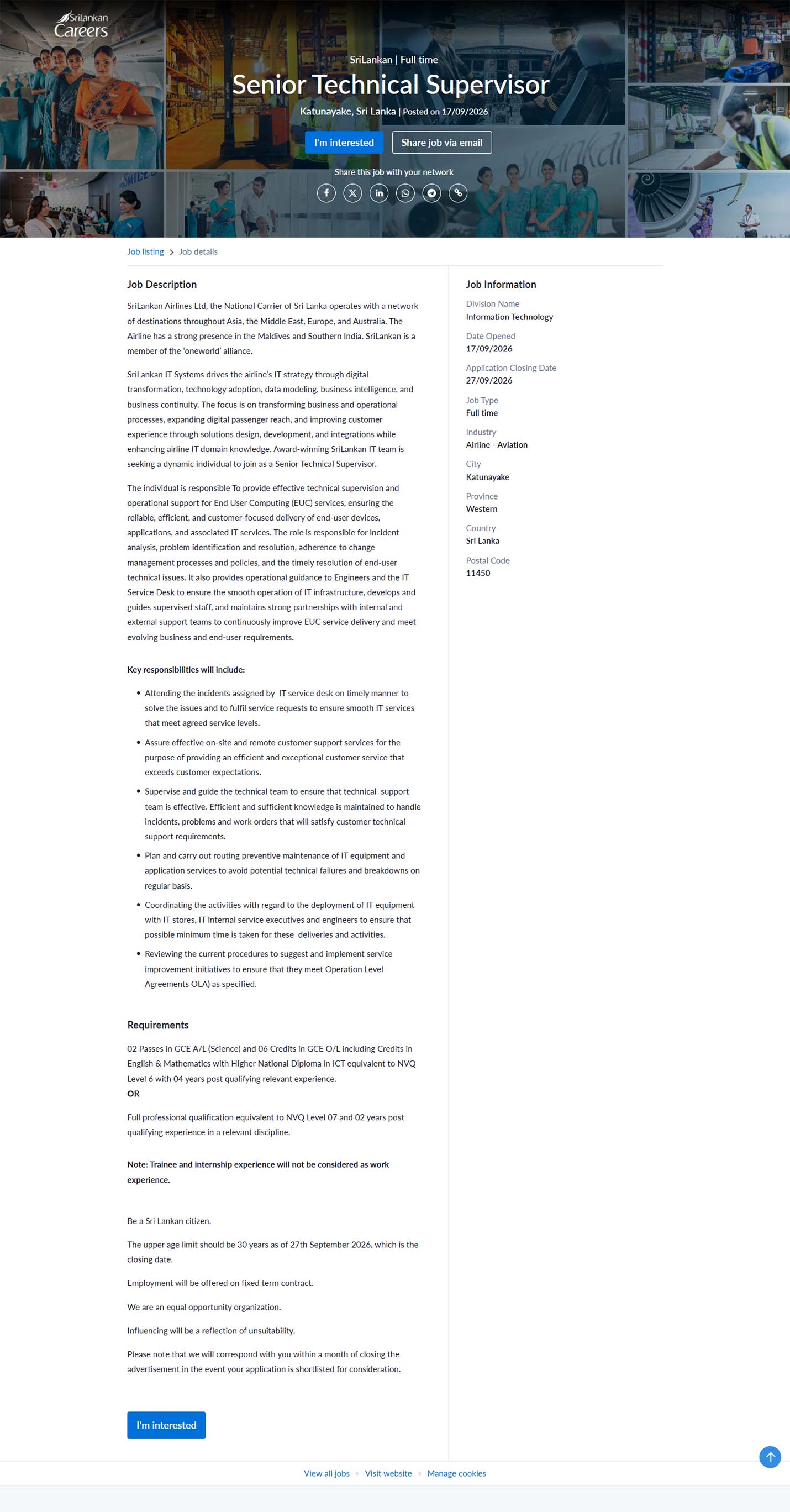 Senior Technical Supervisor - SriLankan Airlines Limited