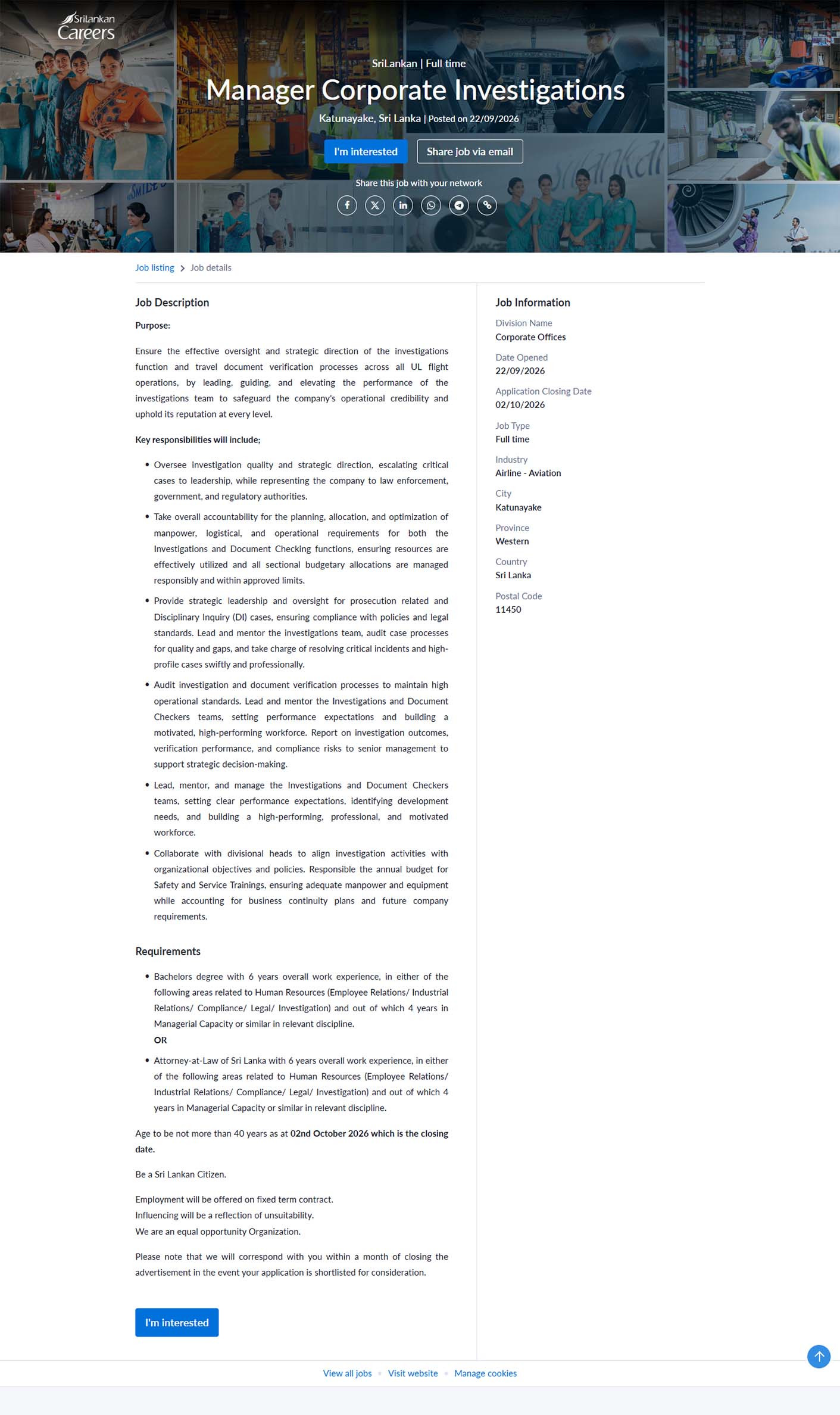 Manager (Corporate Investigations) - SriLankan Airlines Limited