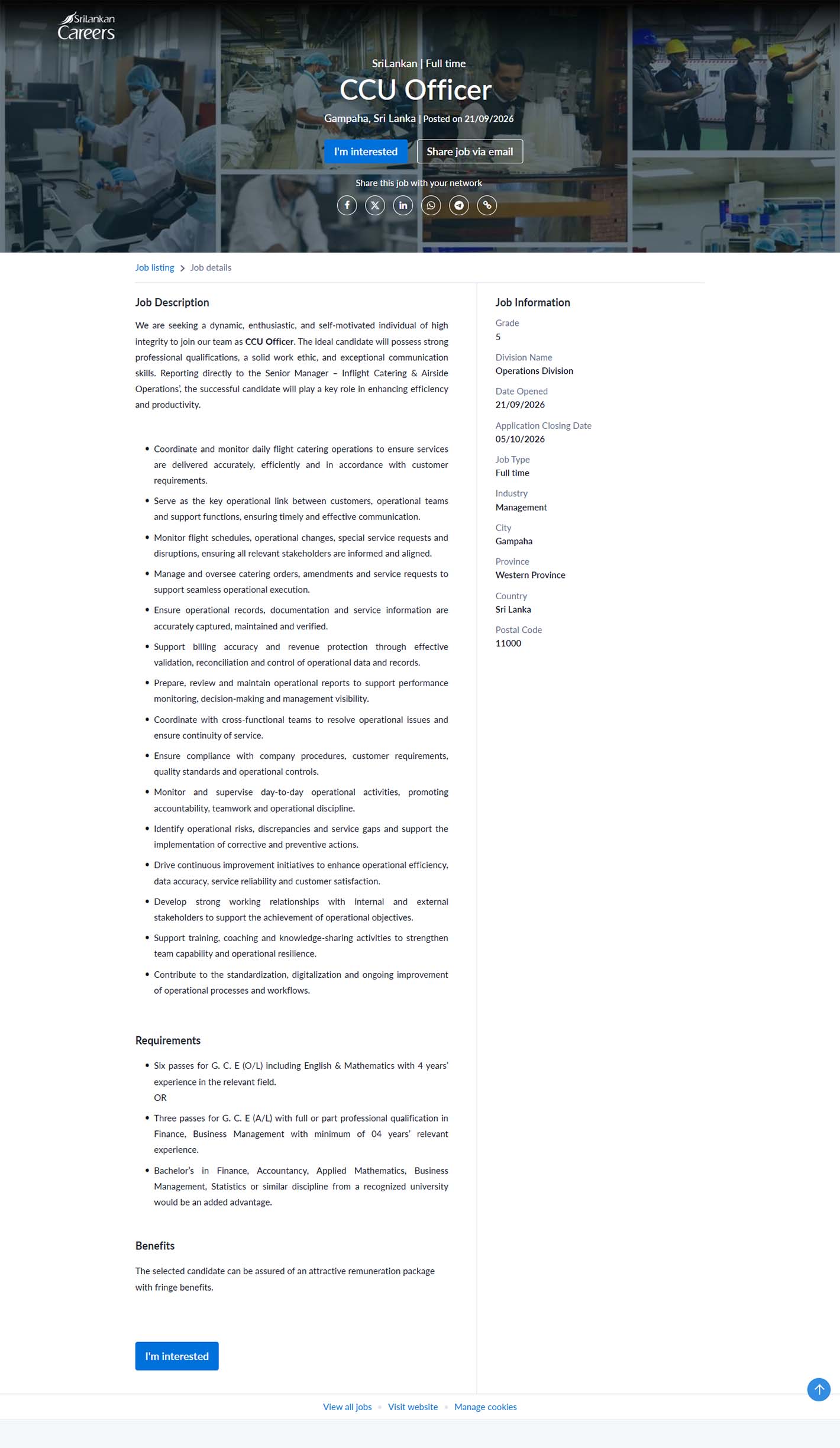CCU Officer - SriLankan Catering