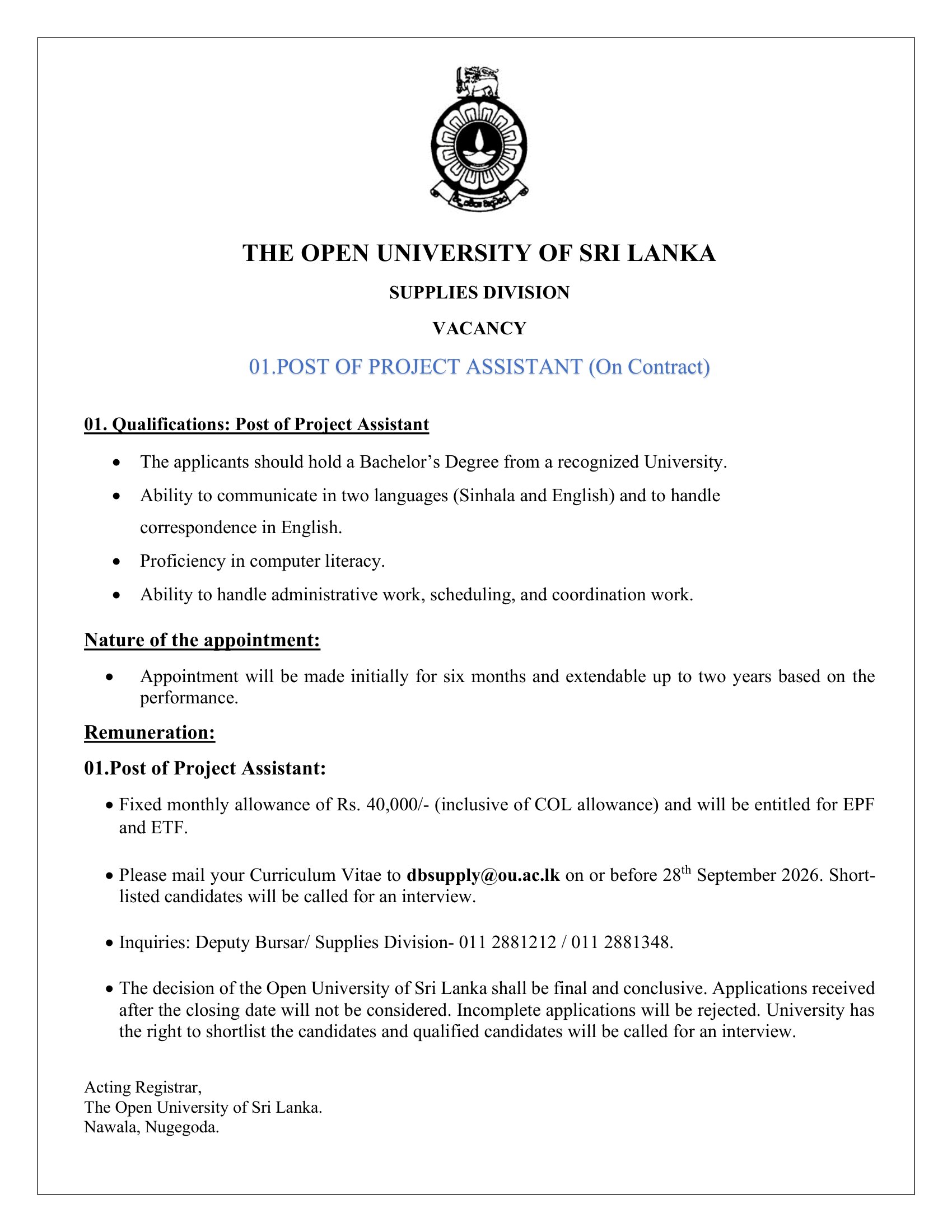 Project Assistant - The Open University of Sri Lanka