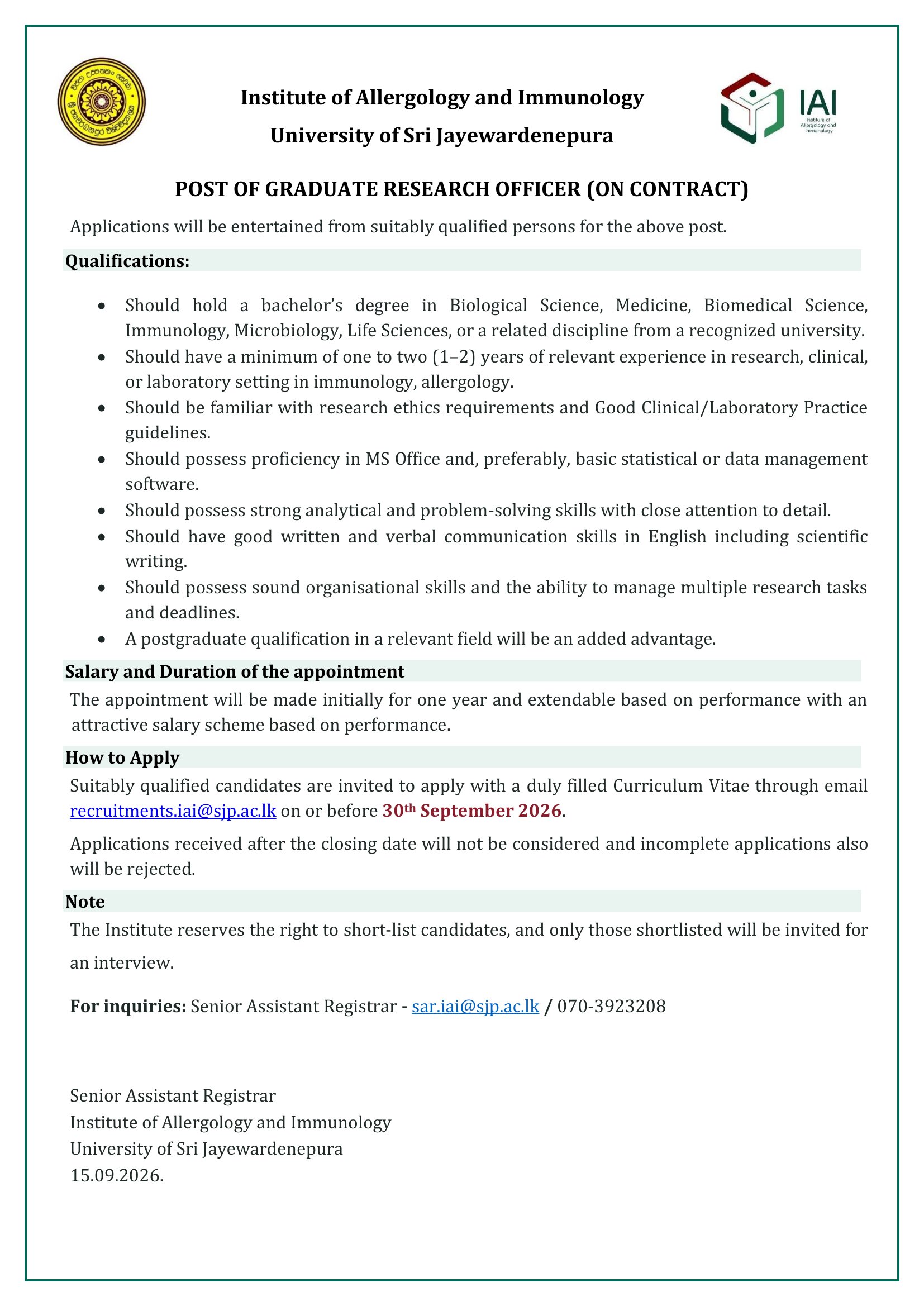 Graduate Research Officer - Institute of Allergology & Immunology - University of Sri Jayewardenepura 