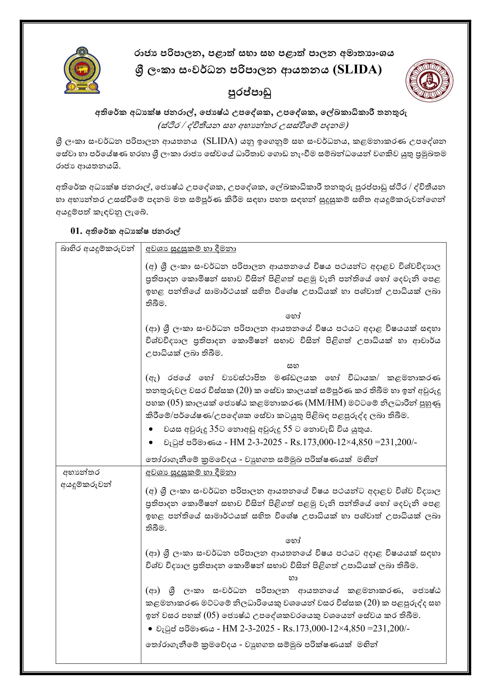 Additional Director General, Senior Consultant, Consultant, Registrar - Sri Lanka Institute of Development Administration