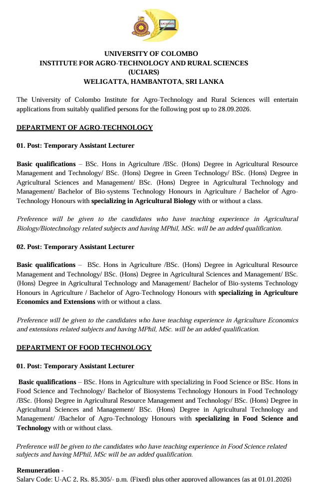 Temporary Assistant Lecturer - Institute of Agro Technology & Rural Sciences - University of Colombo