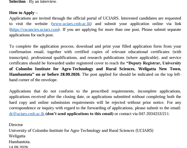 Temporary Assistant Lecturer - Institute of Agro Technology & Rural Sciences - University of Colombo
