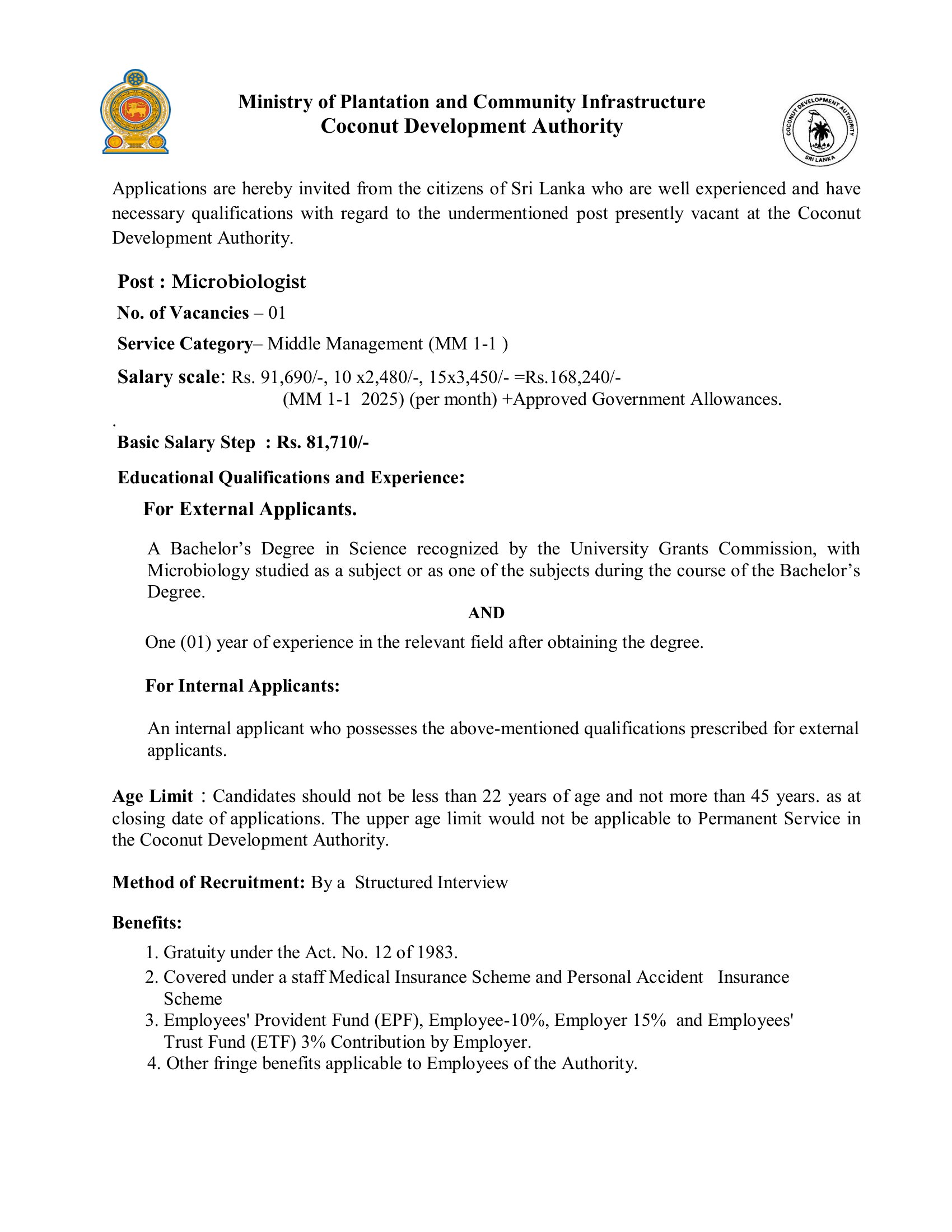 Microbiologist - Coconut Development Authority