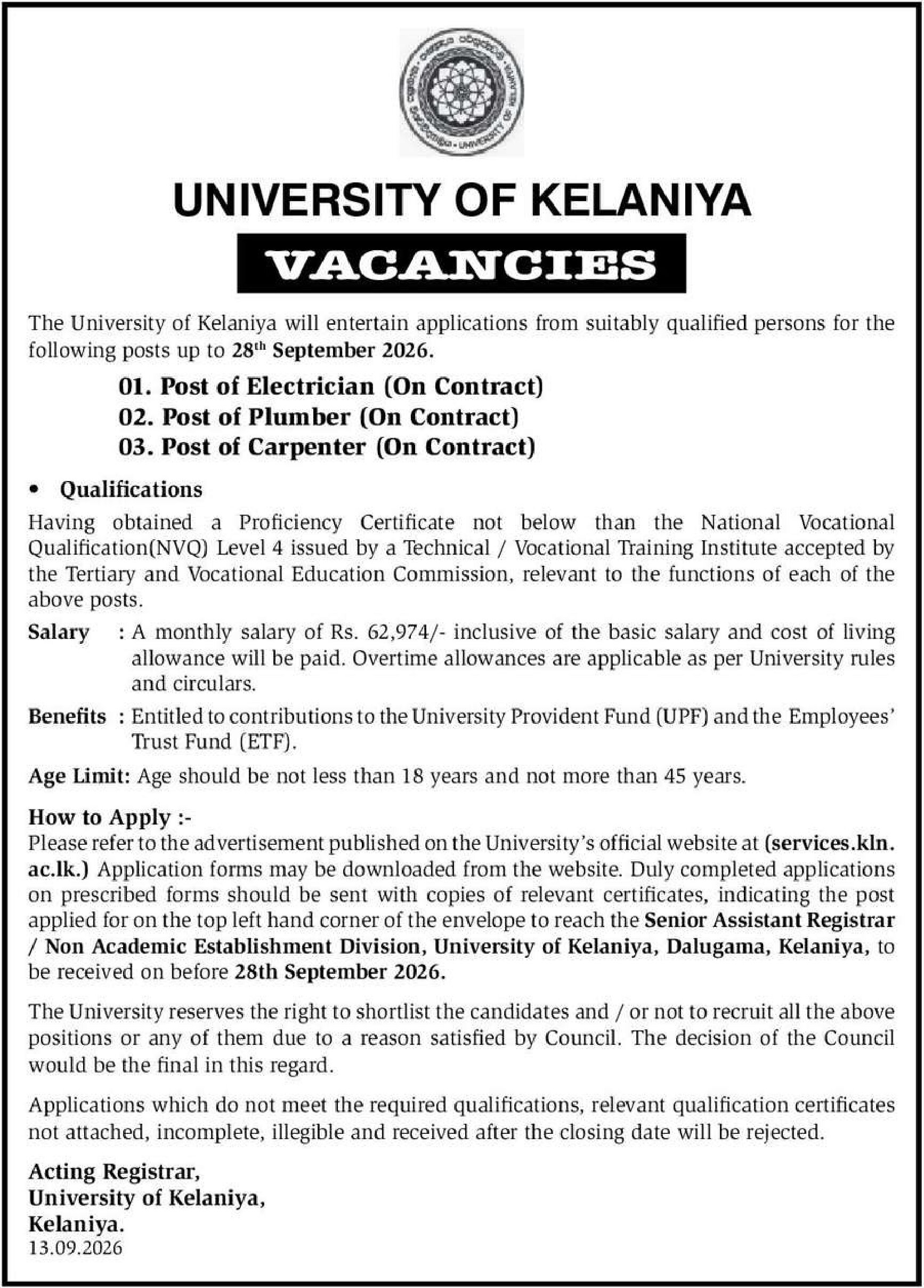 Electrician, Plumber, Carpenter - University of Kelaniya