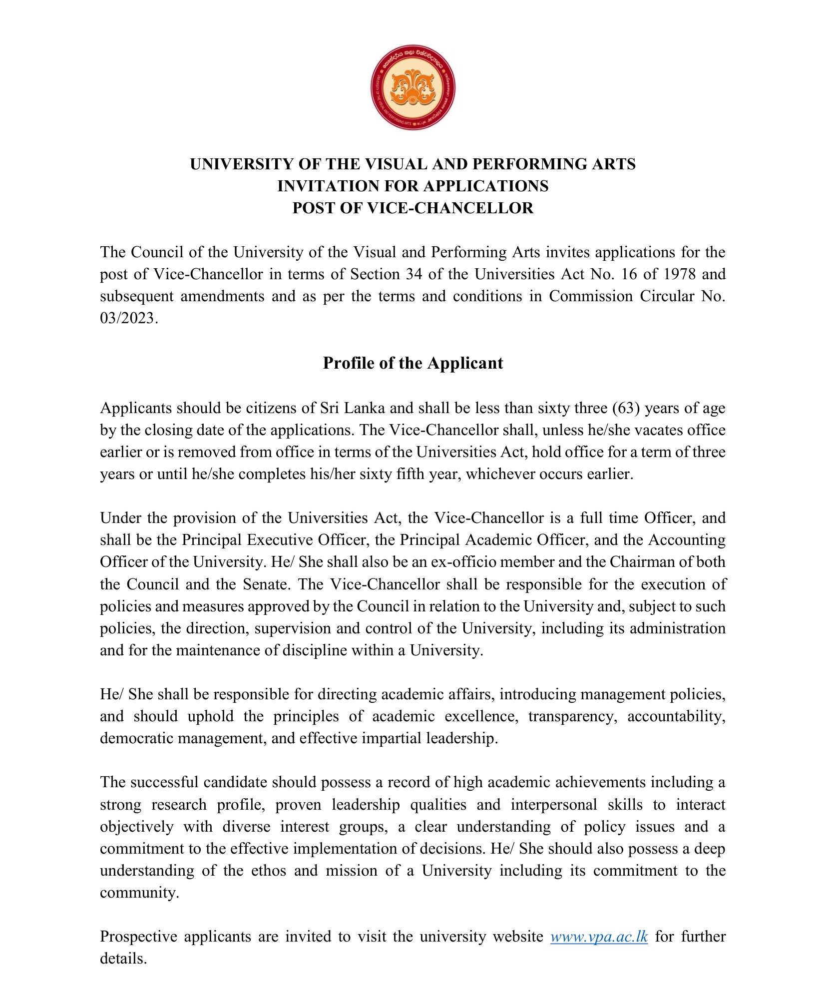 Vice-Chancellor - University of The Visual & Performing Arts