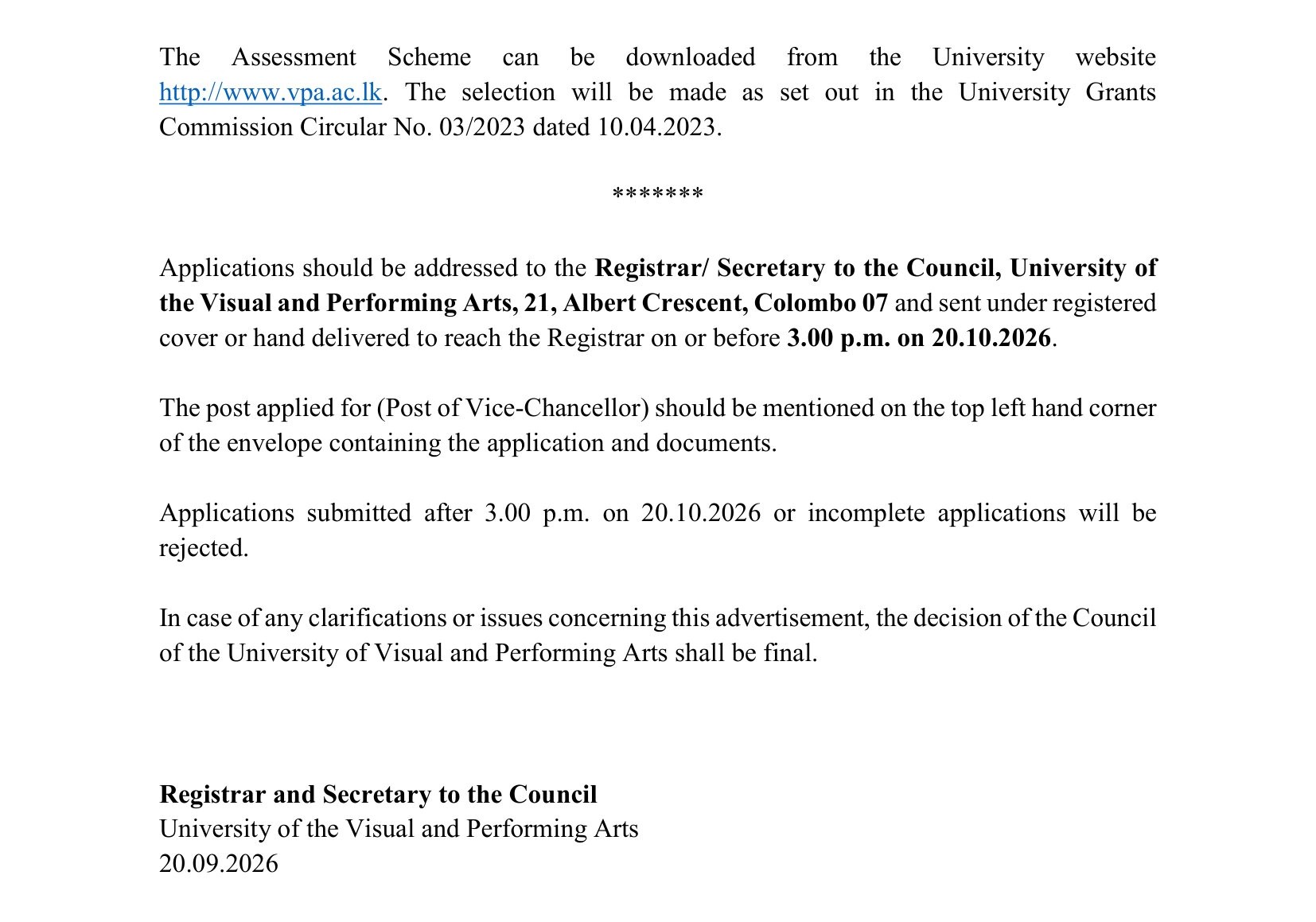 Vice-Chancellor - University of The Visual & Performing Arts