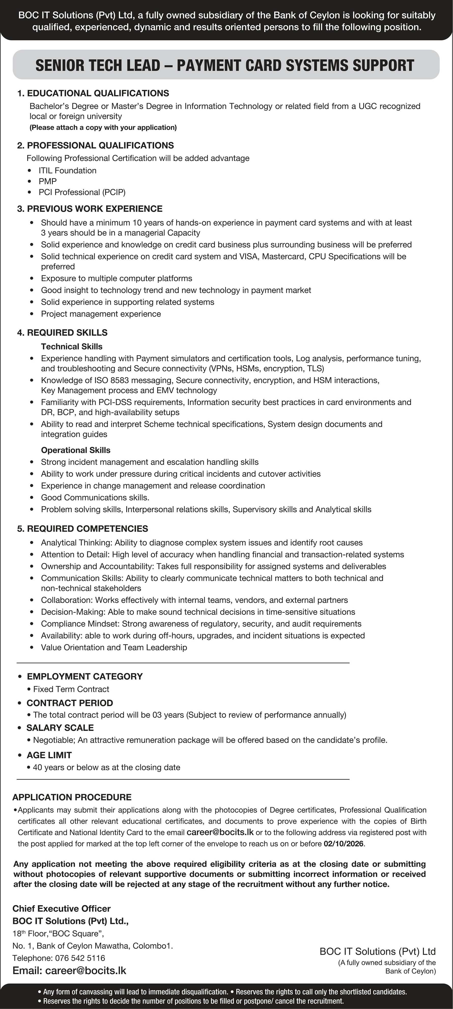 Senior Tech Lead, System Engineer, Tech Lead - BOC IT Solutions (Pvt) Ltd 