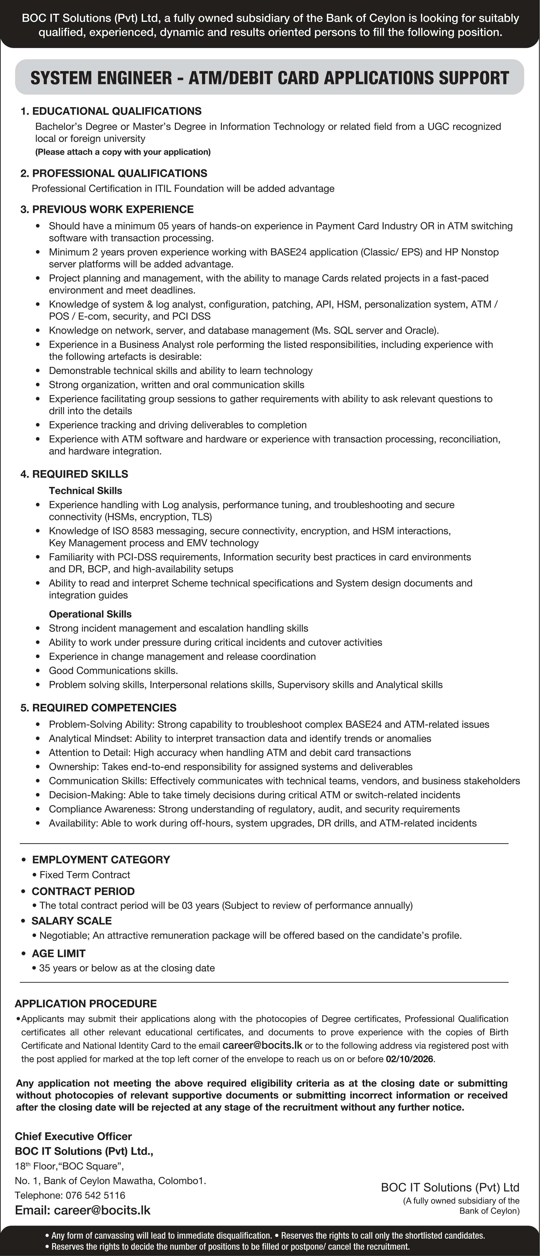 Senior Tech Lead, System Engineer, Tech Lead - BOC IT Solutions (Pvt) Ltd 