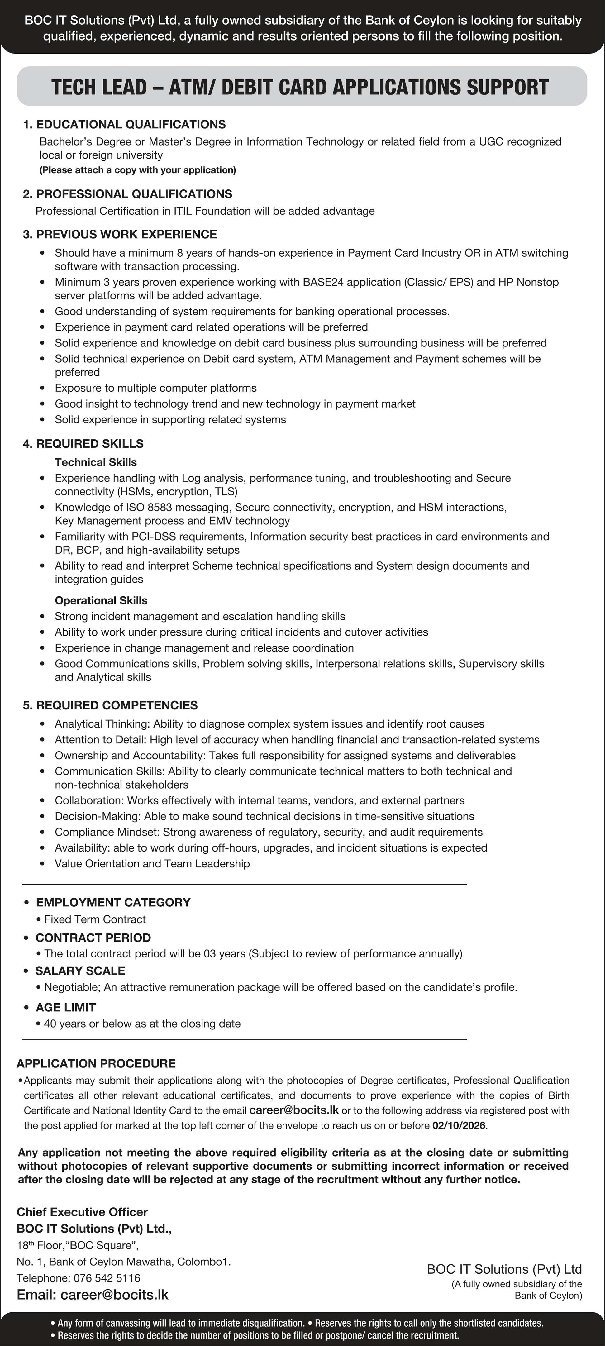 Senior Tech Lead, System Engineer, Tech Lead - BOC IT Solutions (Pvt) Ltd 
