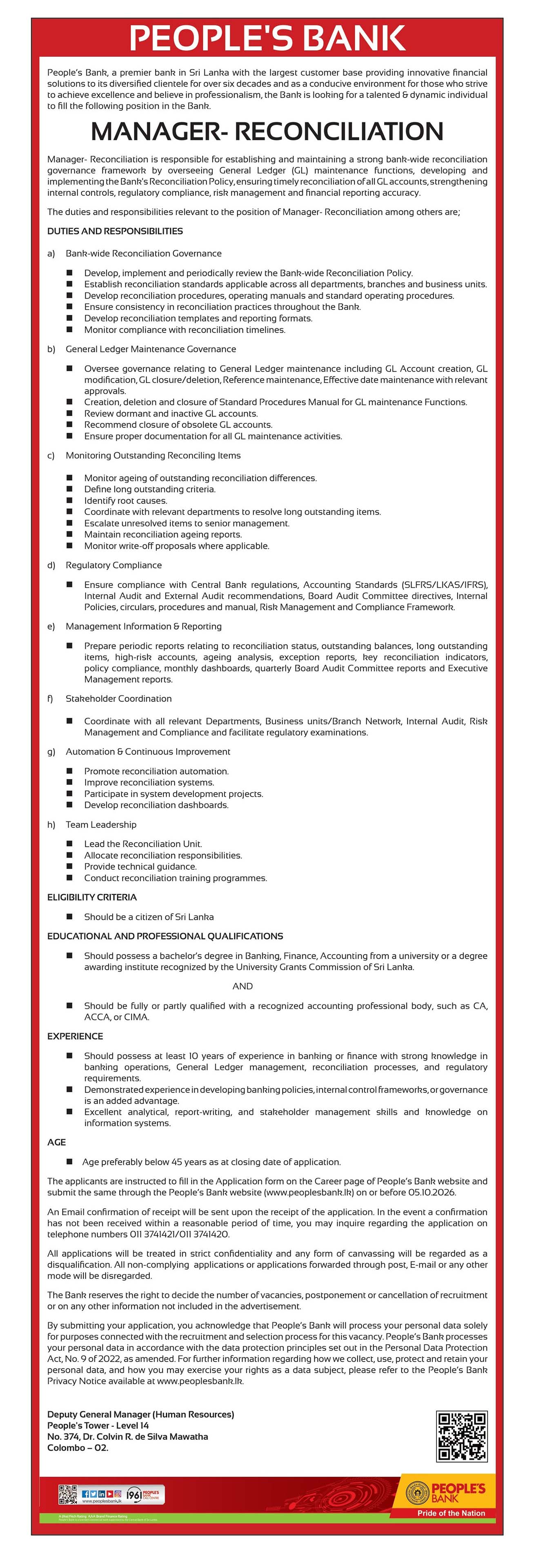 Manager (Reconciliation) - People’s Bank