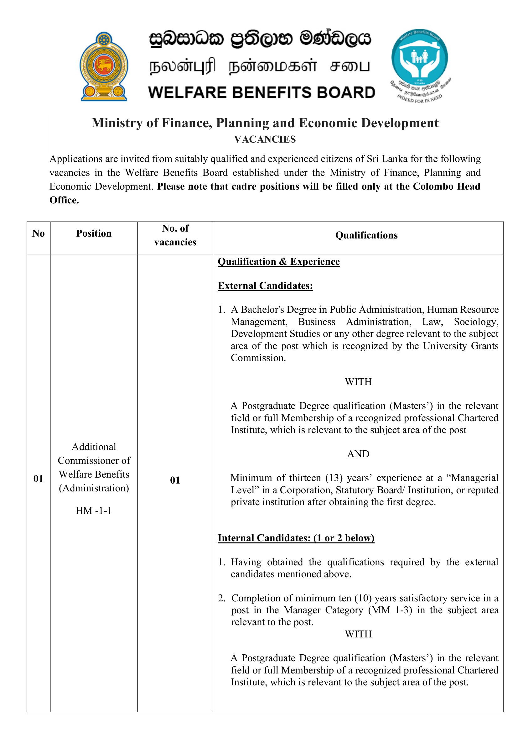 Additional Commissioner of Welfare Benefits (Administration, Finance, Operation, Monitoring & Evaluation) - Welfare Benefits Board