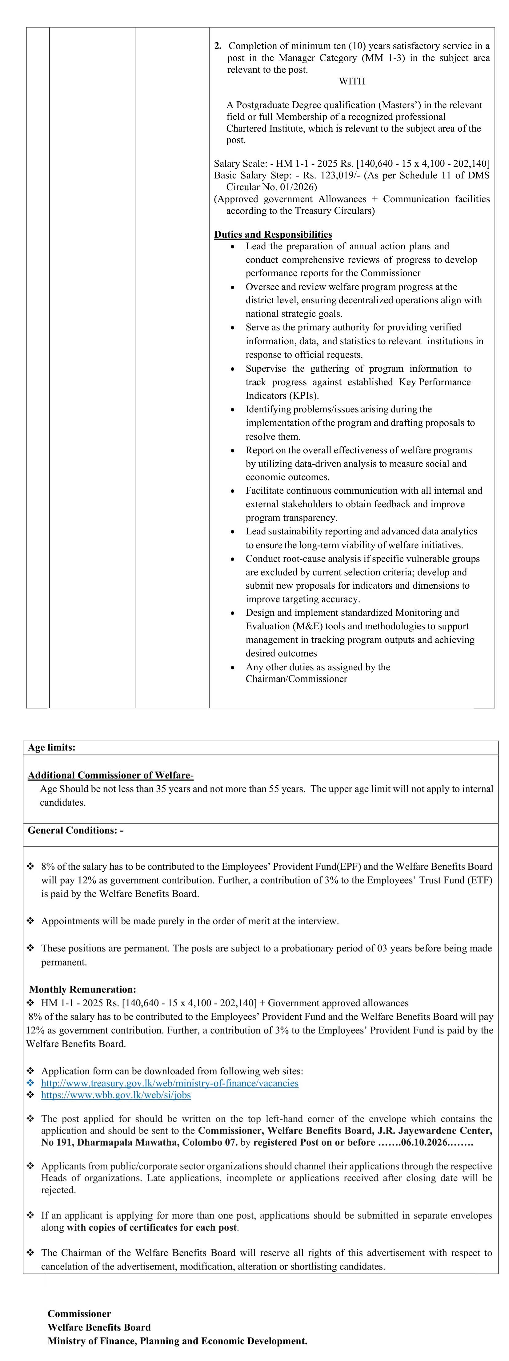 Additional Commissioner of Welfare Benefits (Administration, Finance, Operation, Monitoring & Evaluation) - Welfare Benefits Board