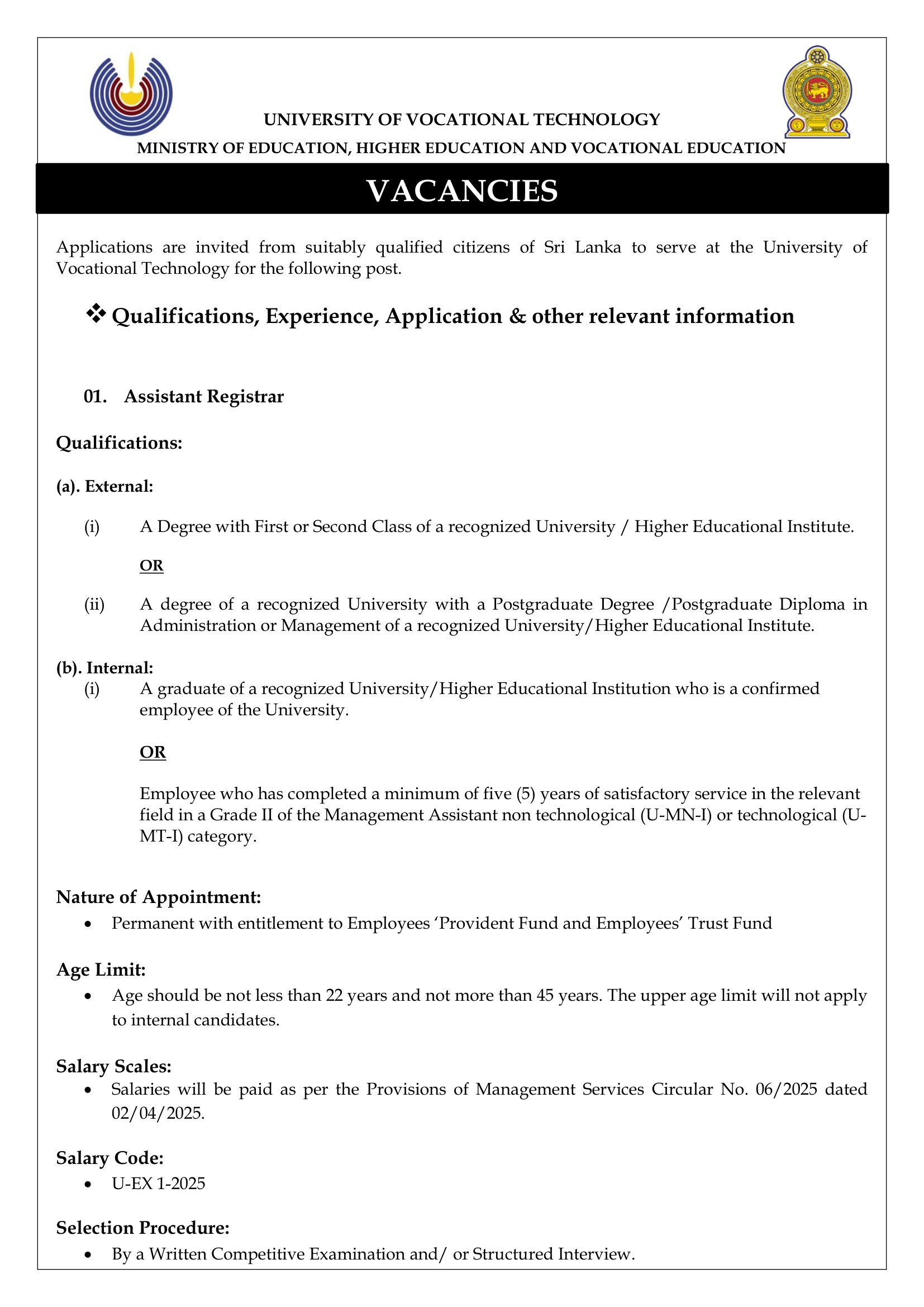 Assistant Registrar - University of Vocational Technology