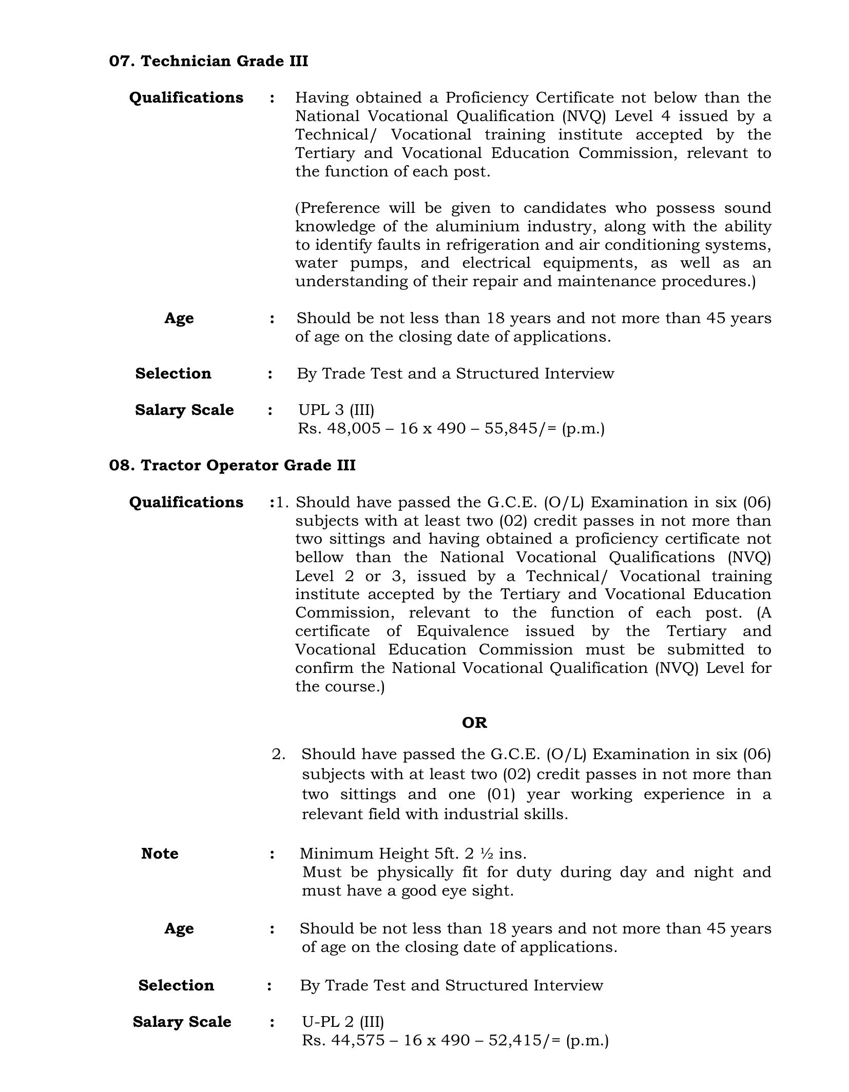 Works Superintendent, Pharmacist, Technical Officer, Supervisor (Civil, Electrical), Driver, Technician, Tractor Operator, Laboratory Attendant, Health Service Labourer - Sabaragamuwa University of Sri Lanka