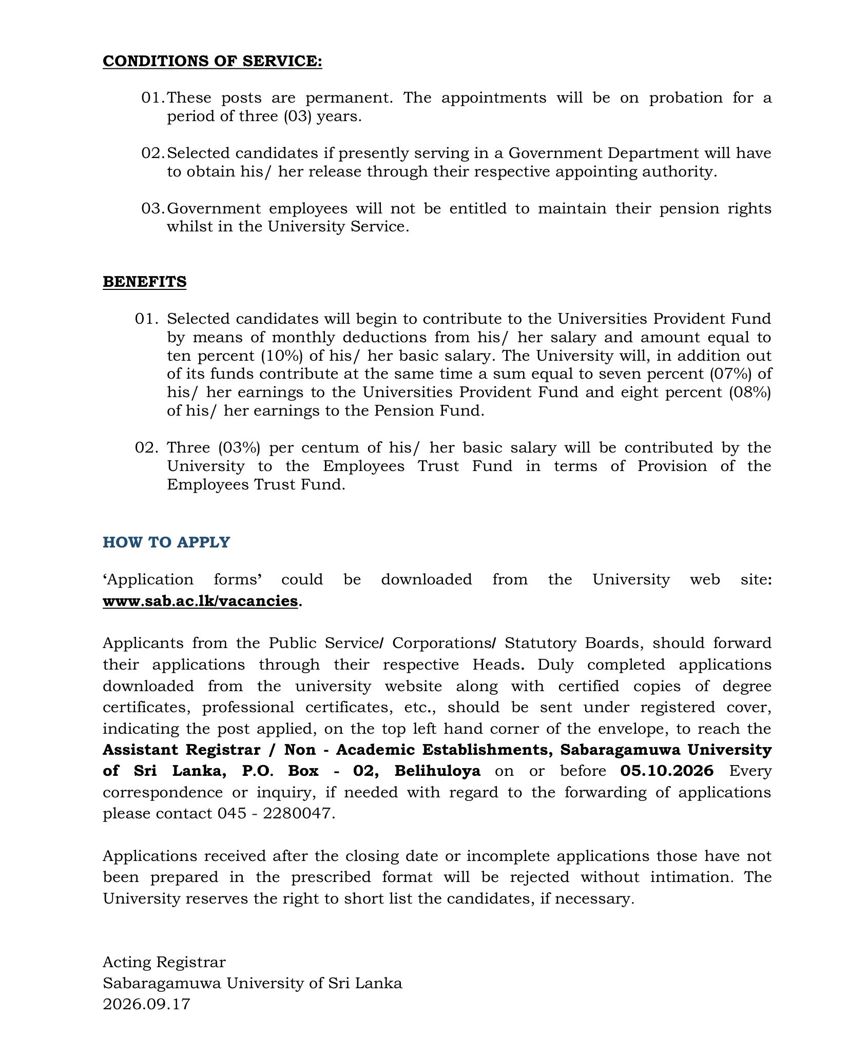 Works Superintendent, Pharmacist, Technical Officer, Supervisor (Civil, Electrical), Driver, Technician, Tractor Operator, Laboratory Attendant, Health Service Labourer - Sabaragamuwa University of Sri Lanka