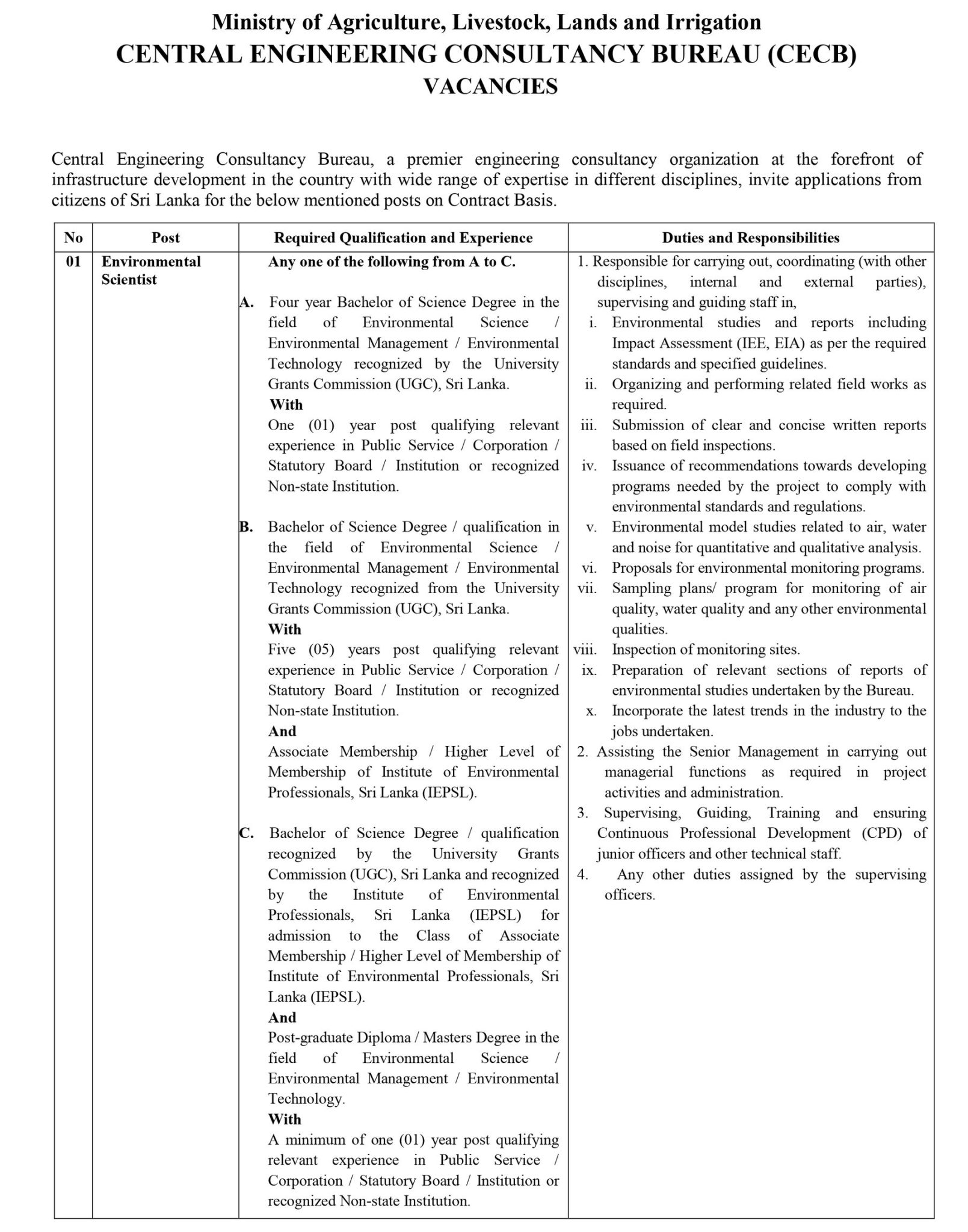 Environmental Scientist, Technical Assistant (Laboratory Works), Laboratory Technician, Laboratory Helper - Central Engineering Consultancy Bureau