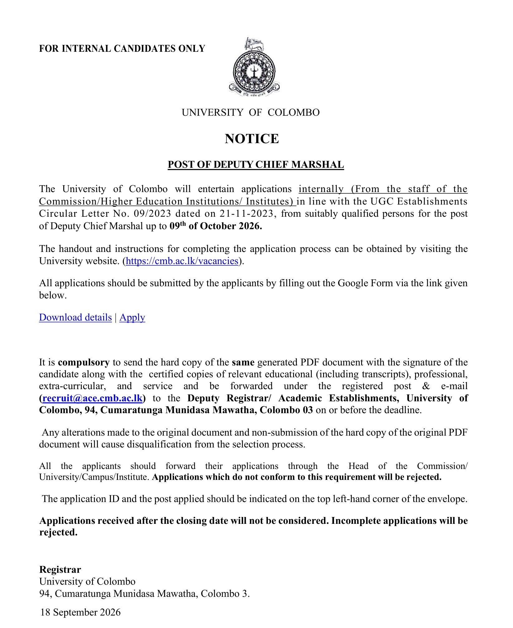 Deputy Chief Marshal - University of Colombo