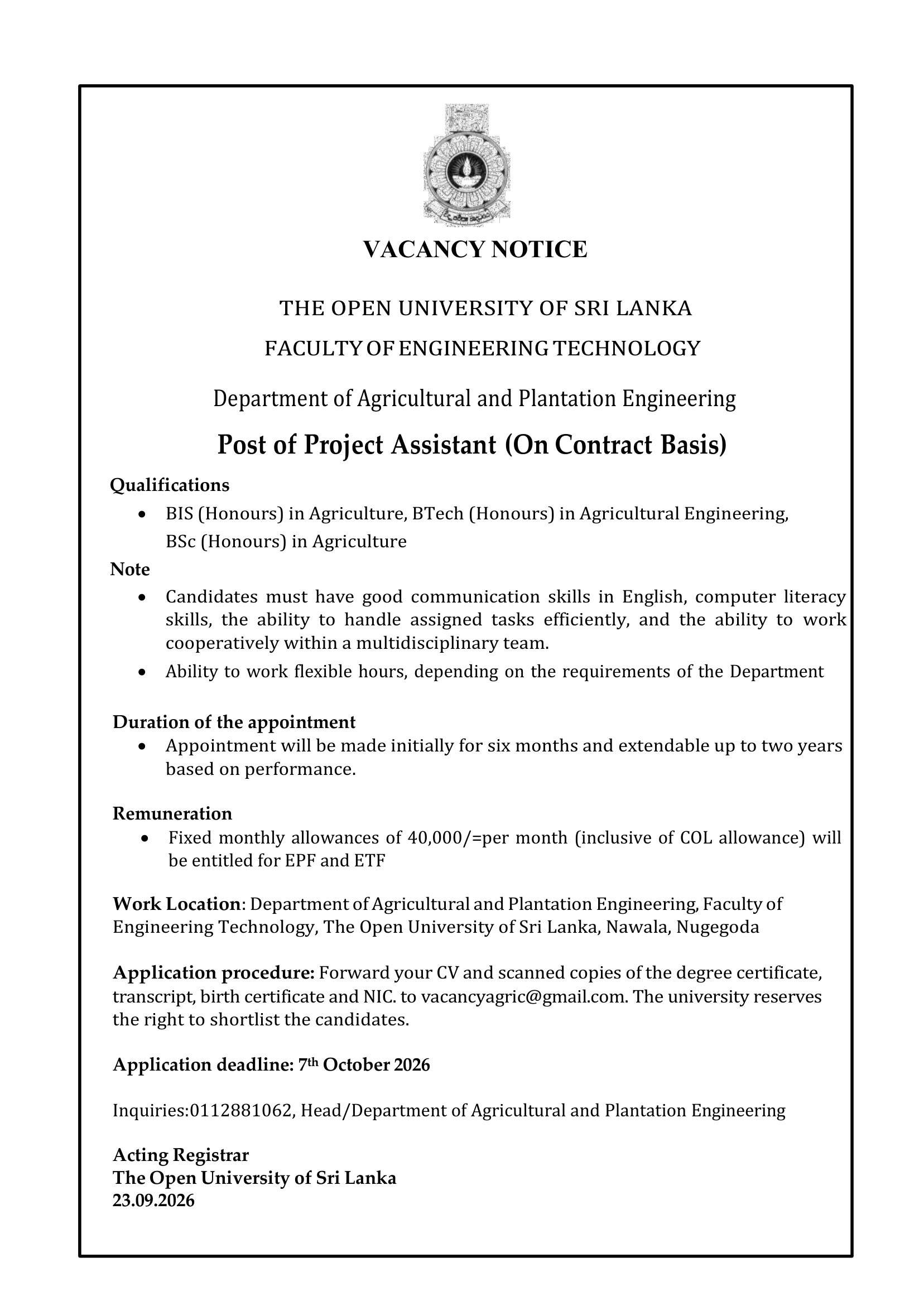 Project Assistant - The Open University of Sri Lanka