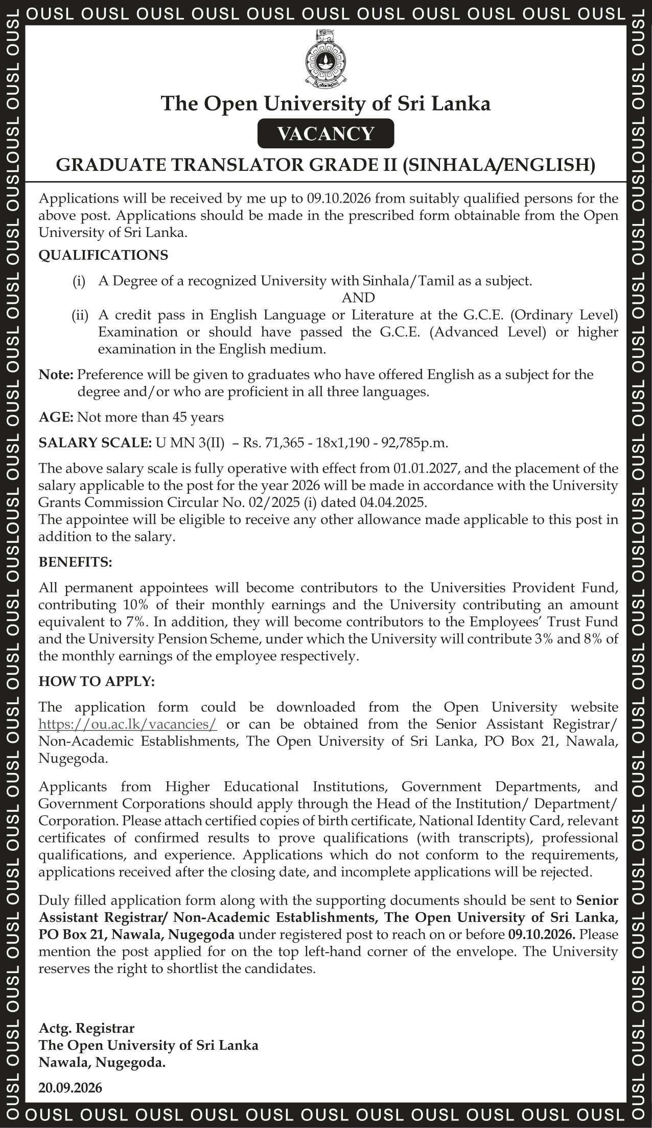 Graduate Translator (Sinhala/English) - The Open University of Sri Lanka