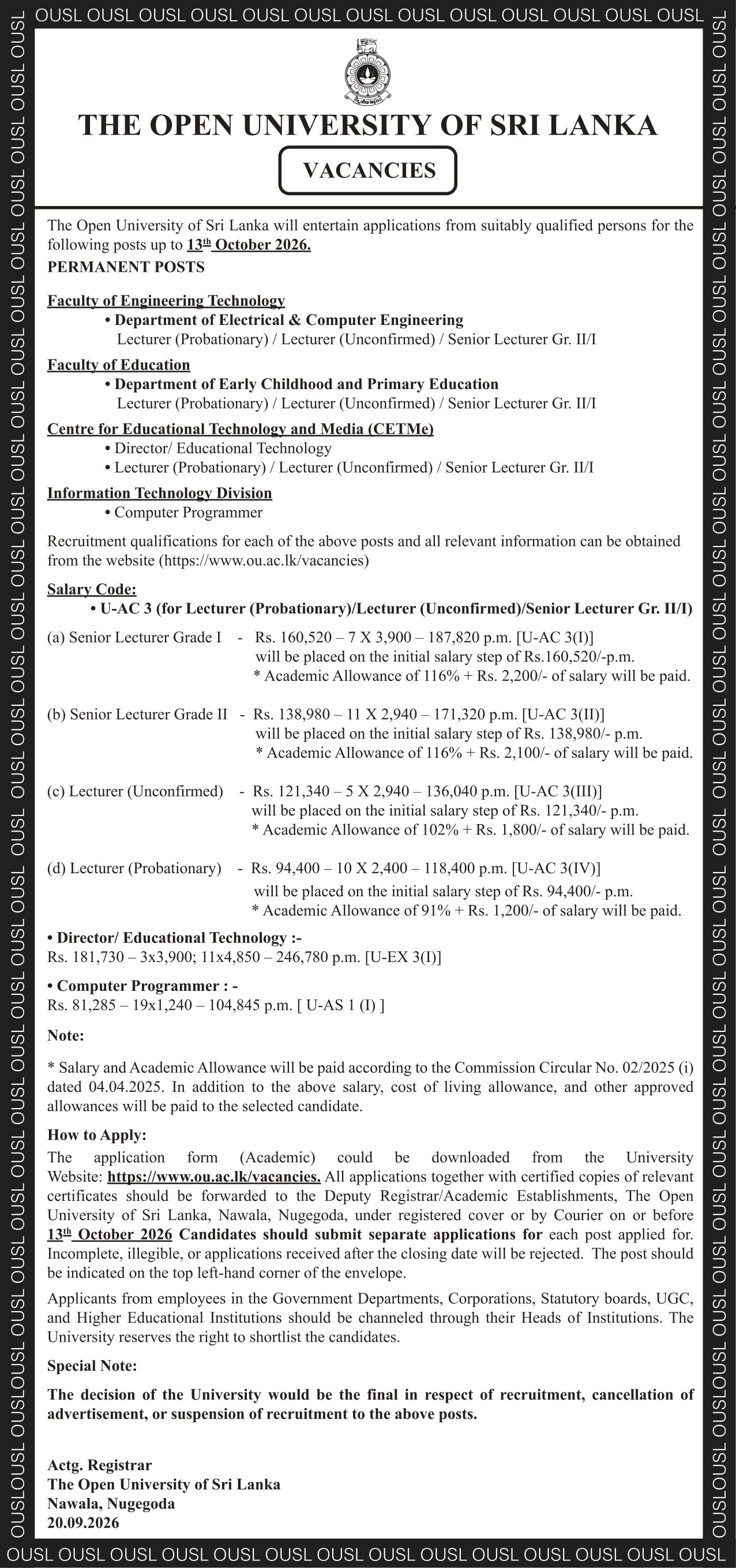 Senior Lecturer, Lecturer, Director, Computer Programmer - Open University of Sri Lanka