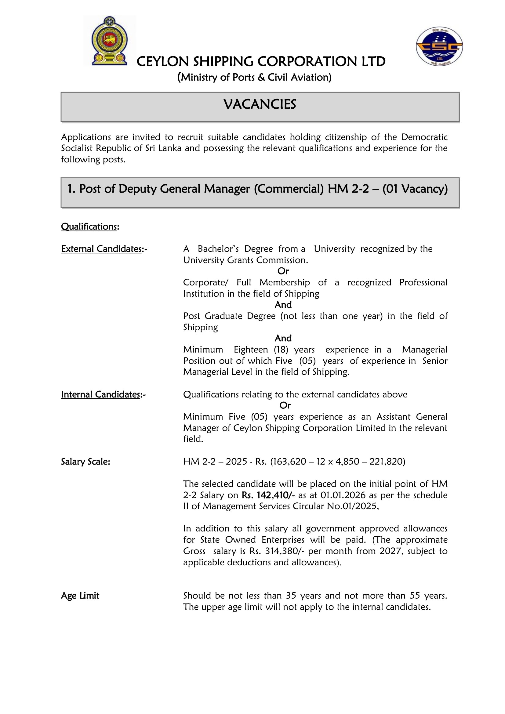 Deputy General Manager (Commercial), Assistant General Manager (Finance), System Analyst, Deputy Manager (Admin & Procurement) - Ceylon Shipping Corporation Ltd