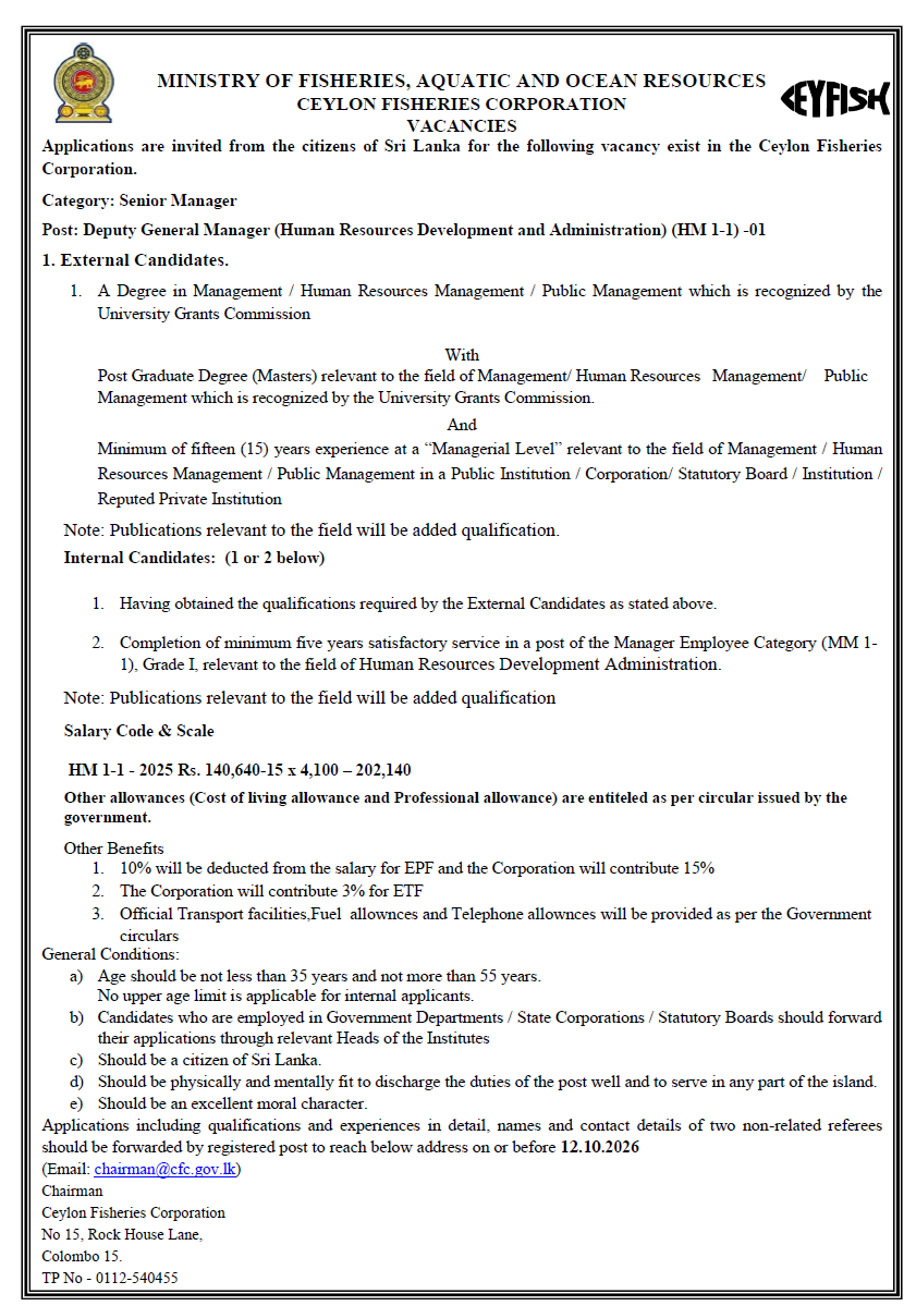 Deputy General Manager, Manager/Senior Manager, Regional Manager/Senior Regional Manager, Administrative Officer, Driver - Ceylon Fisheries Corporation