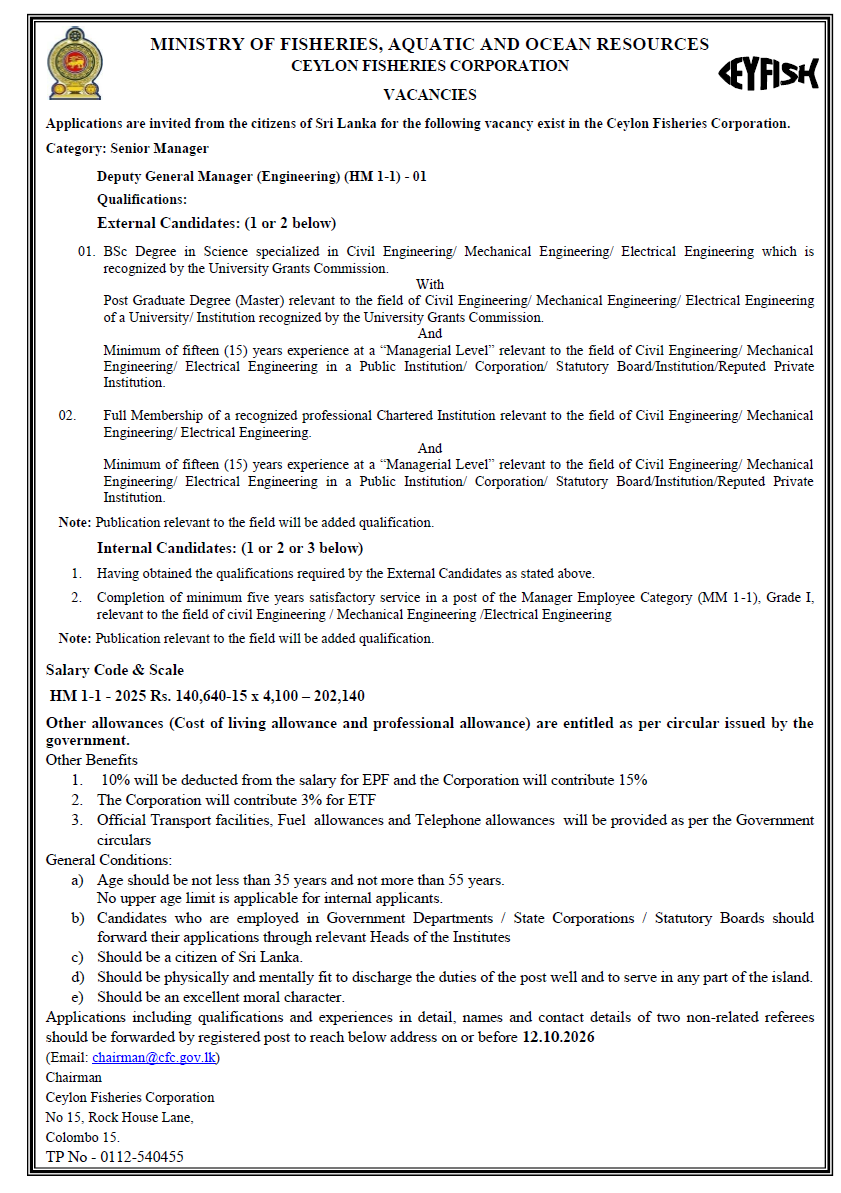 Deputy General Manager, Manager/Senior Manager, Regional Manager/Senior Regional Manager, Administrative Officer, Driver - Ceylon Fisheries Corporation