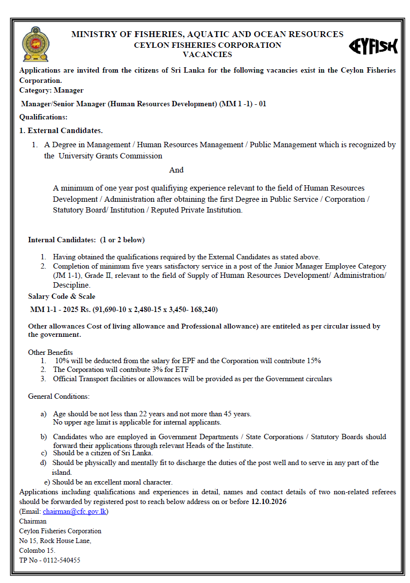 Deputy General Manager, Manager/Senior Manager, Regional Manager/Senior Regional Manager, Administrative Officer, Driver - Ceylon Fisheries Corporation