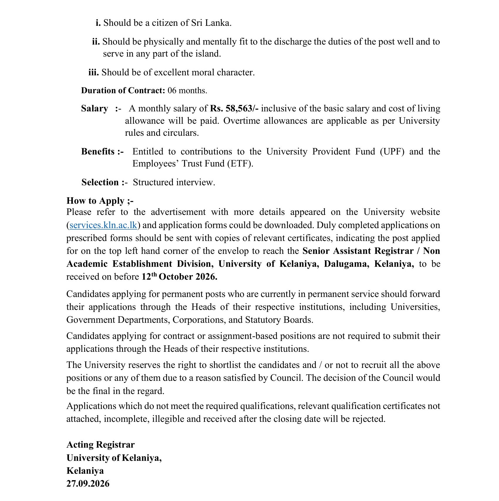 Book Binder, Fitter, Tractor Operator, Security Inspector, Security Guard - University of Kelaniya