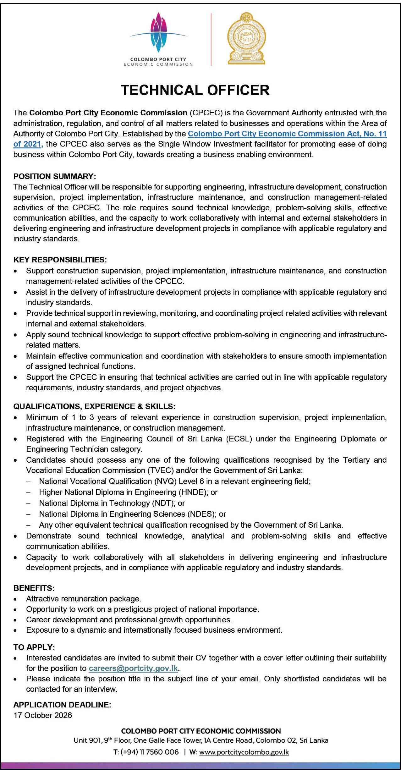 Technical Officer - Colombo Port City Economic Commission