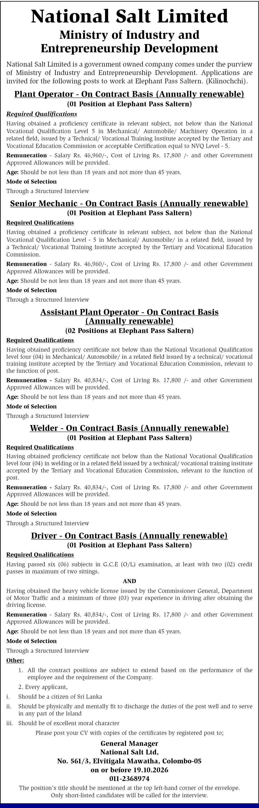 Plant Operator, Senior Mechanic, Assistant Plant Operator, Welder, Driver - National Salt Ltd
