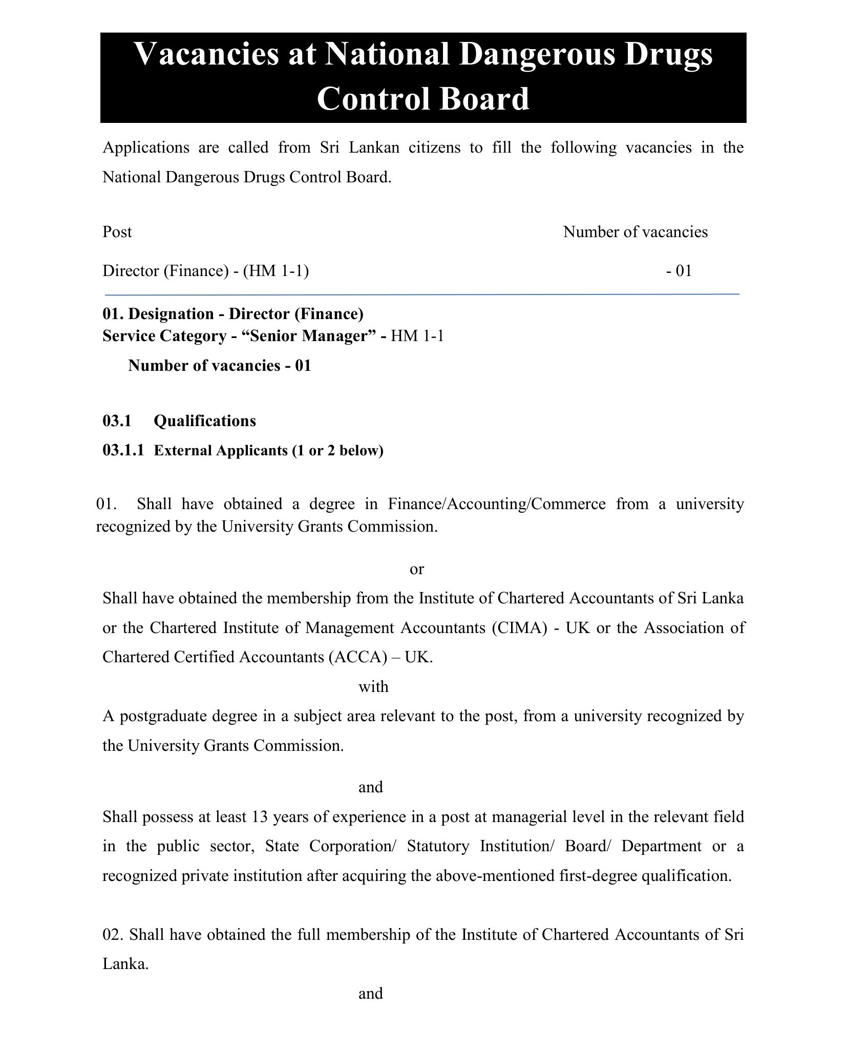 Director (Finance) - National Dangerous Drugs Control Board