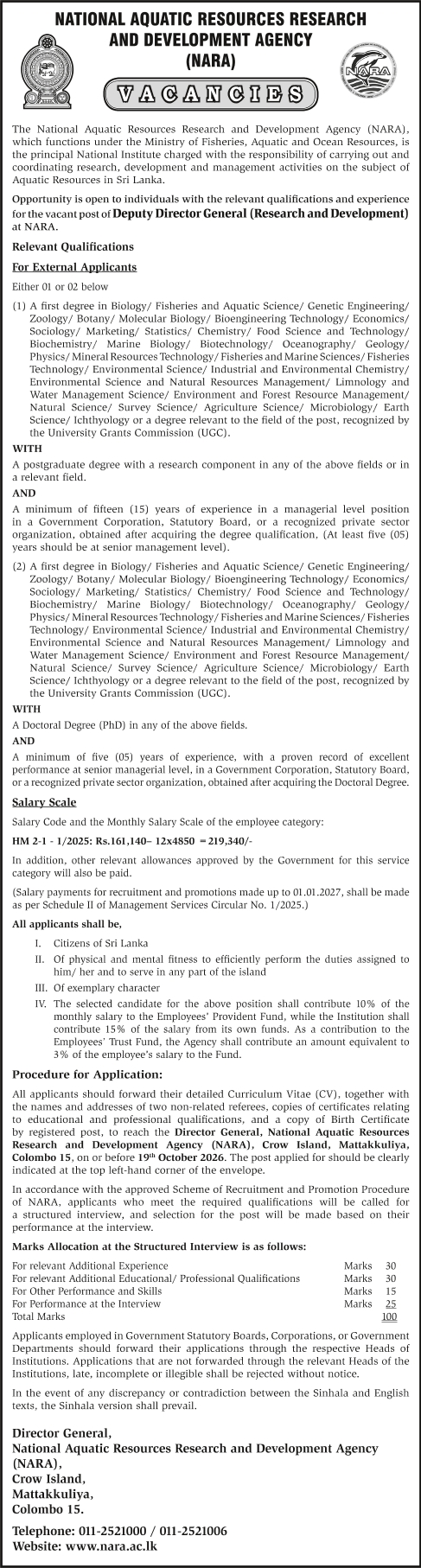Deputy Director General (Research & Development) - National Aquatic Resources Research & Development Agency (NARA)