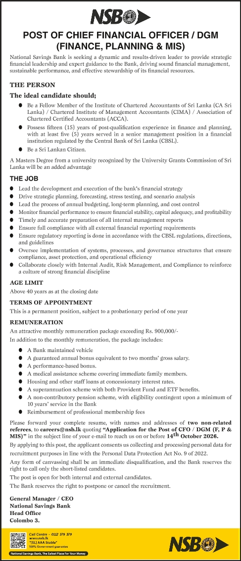 Chief Financial Officer/DGM (Finance, Planning & MIS) - National Savings Bank