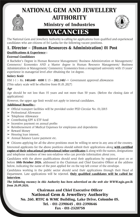 Director (Human Resources & Administration) - National Gem & jewellery Authority
