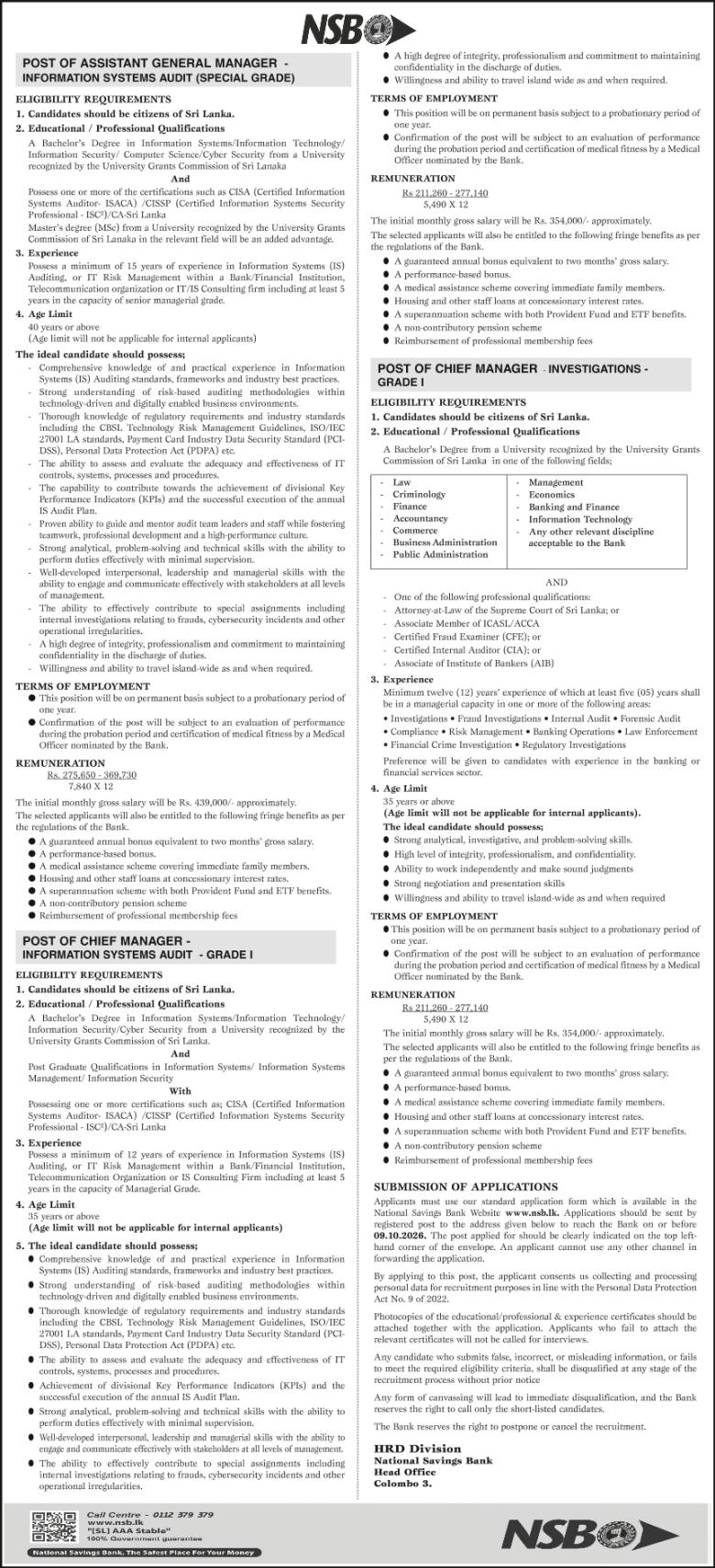 Assistant General Manager, Chief Manager - National Savings Bank