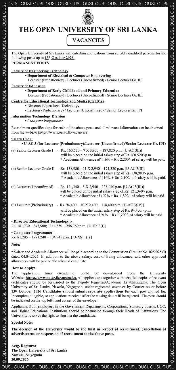 Senior Lecturer, Lecturer - The Open University of Sri Lanka