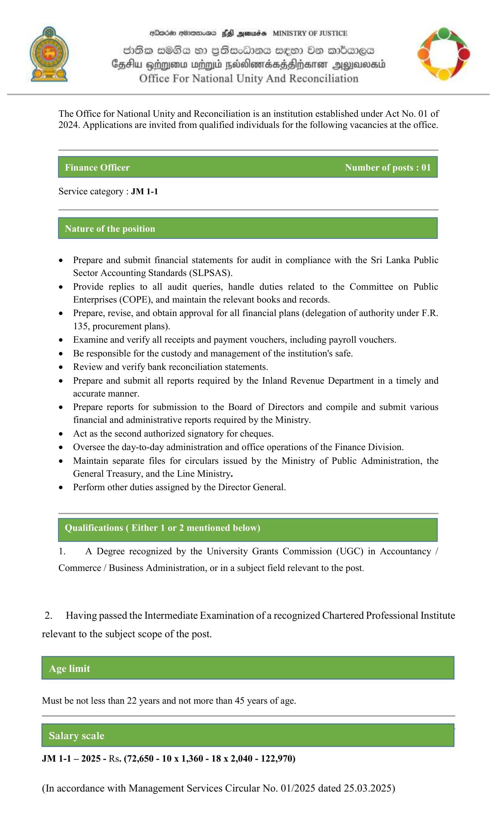 Management Assistant, Office Assistant, Driver, Development Officer, Finance Officer, Administrative Officer - Office for National Unity & Reconciliation