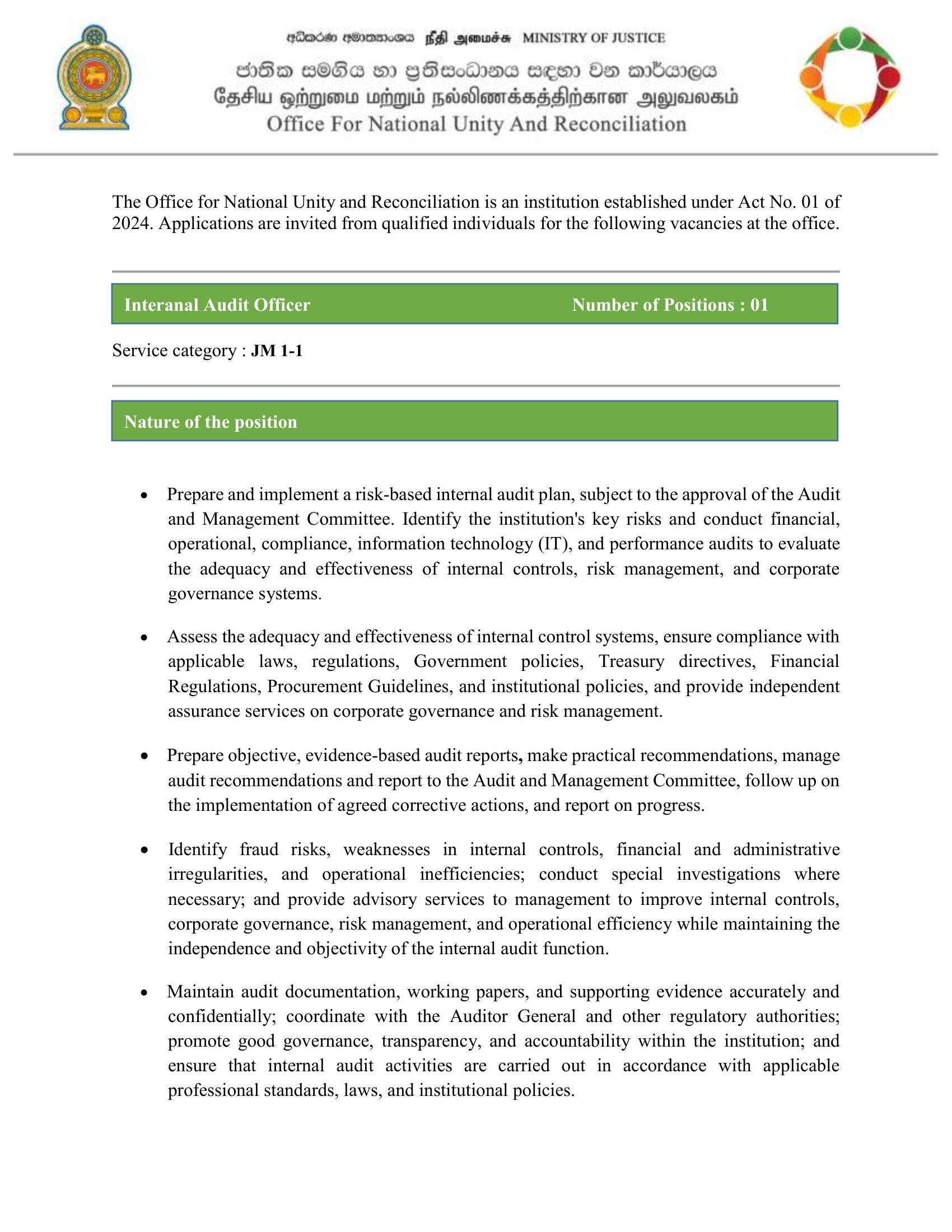 Internal Audit Officer, Secretary to the Board of Directors - Office for National Unity & Reconciliation