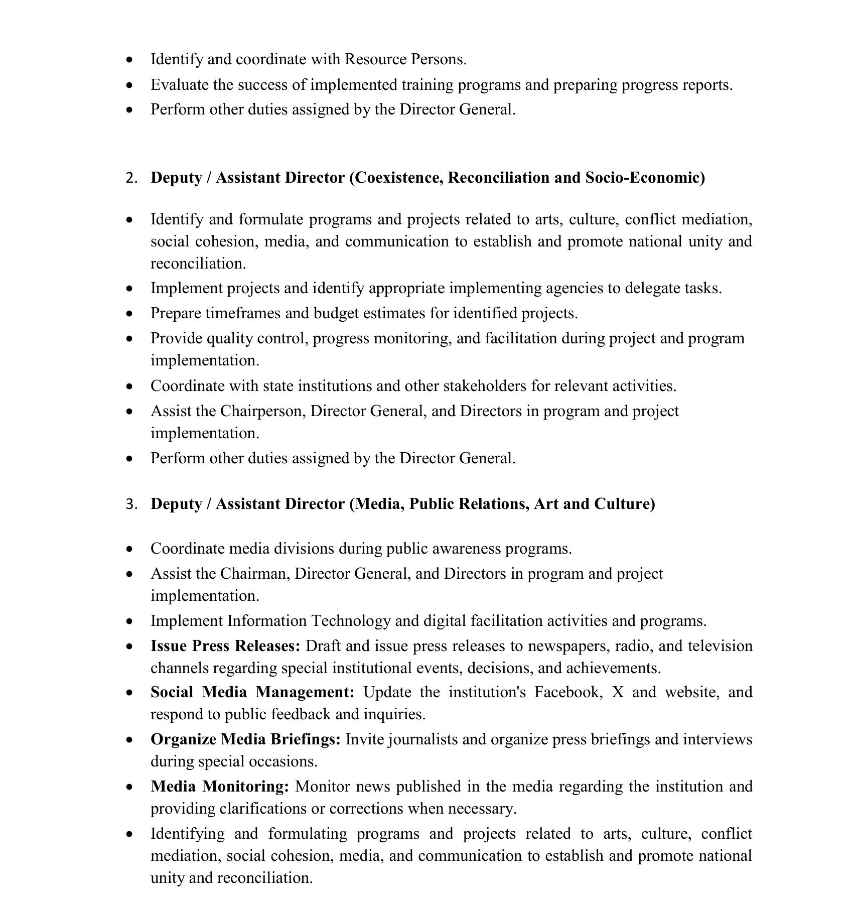 Deputy/Assistant Director - Office for National Unity & Reconciliation