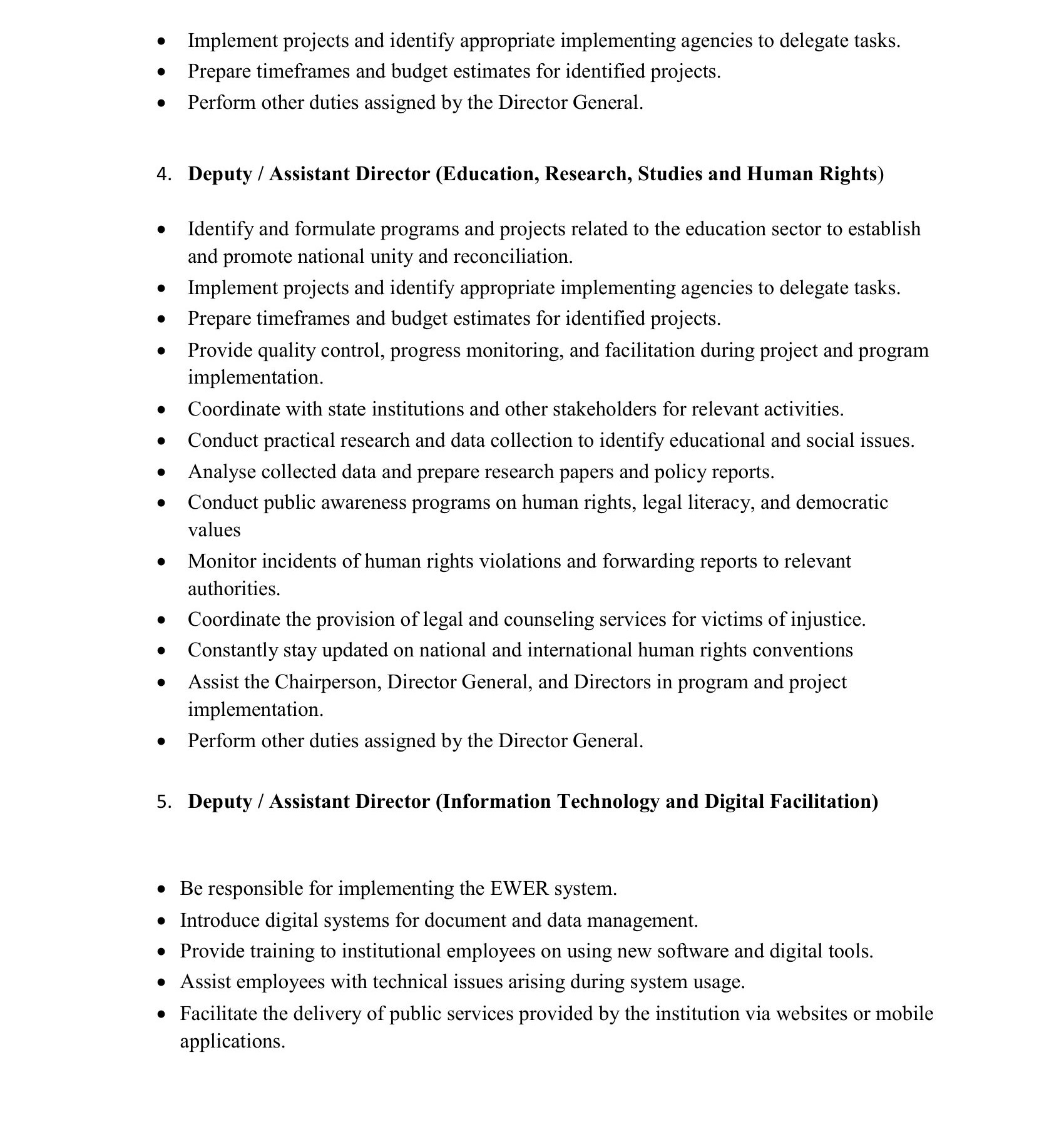 Deputy/Assistant Director - Office for National Unity & Reconciliation
