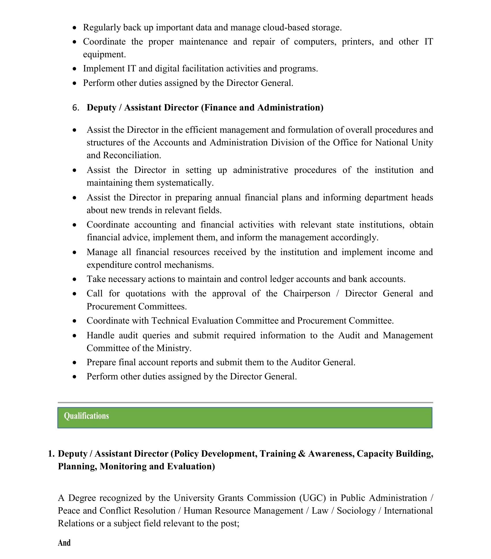 Deputy/Assistant Director - Office for National Unity & Reconciliation