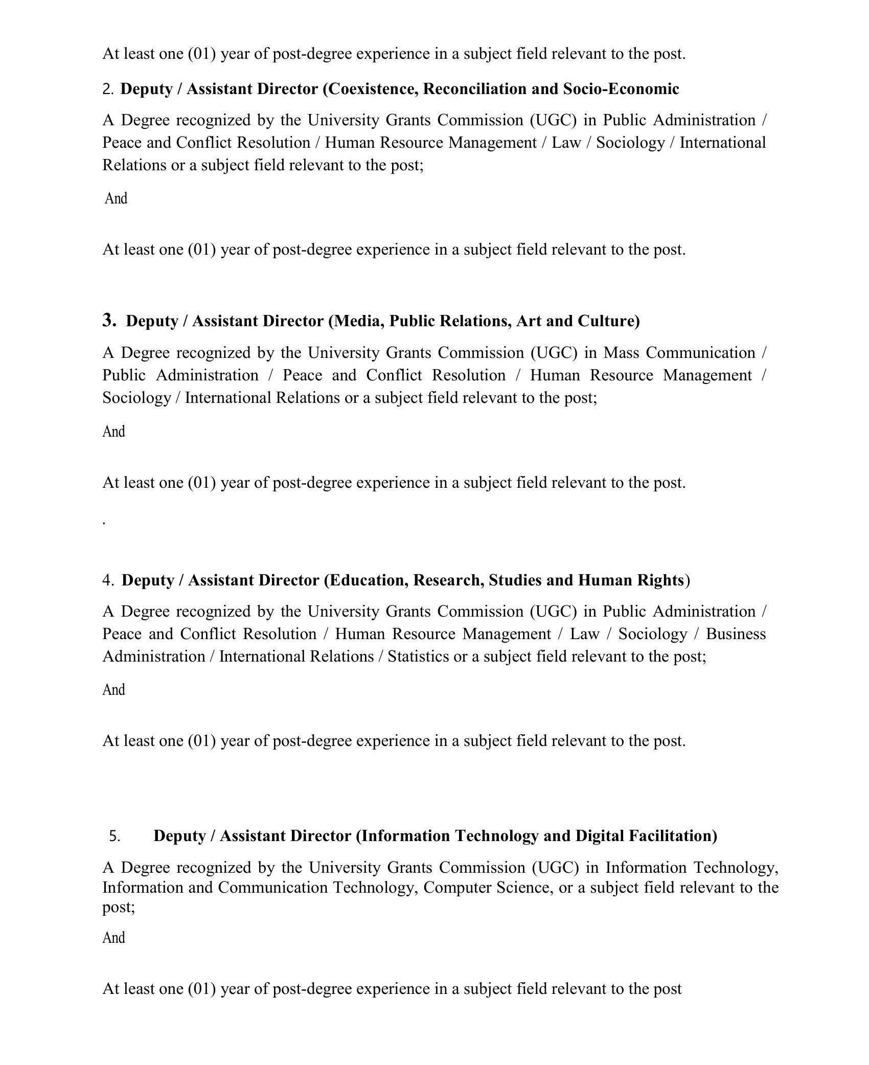 Deputy/Assistant Director - Office for National Unity & Reconciliation